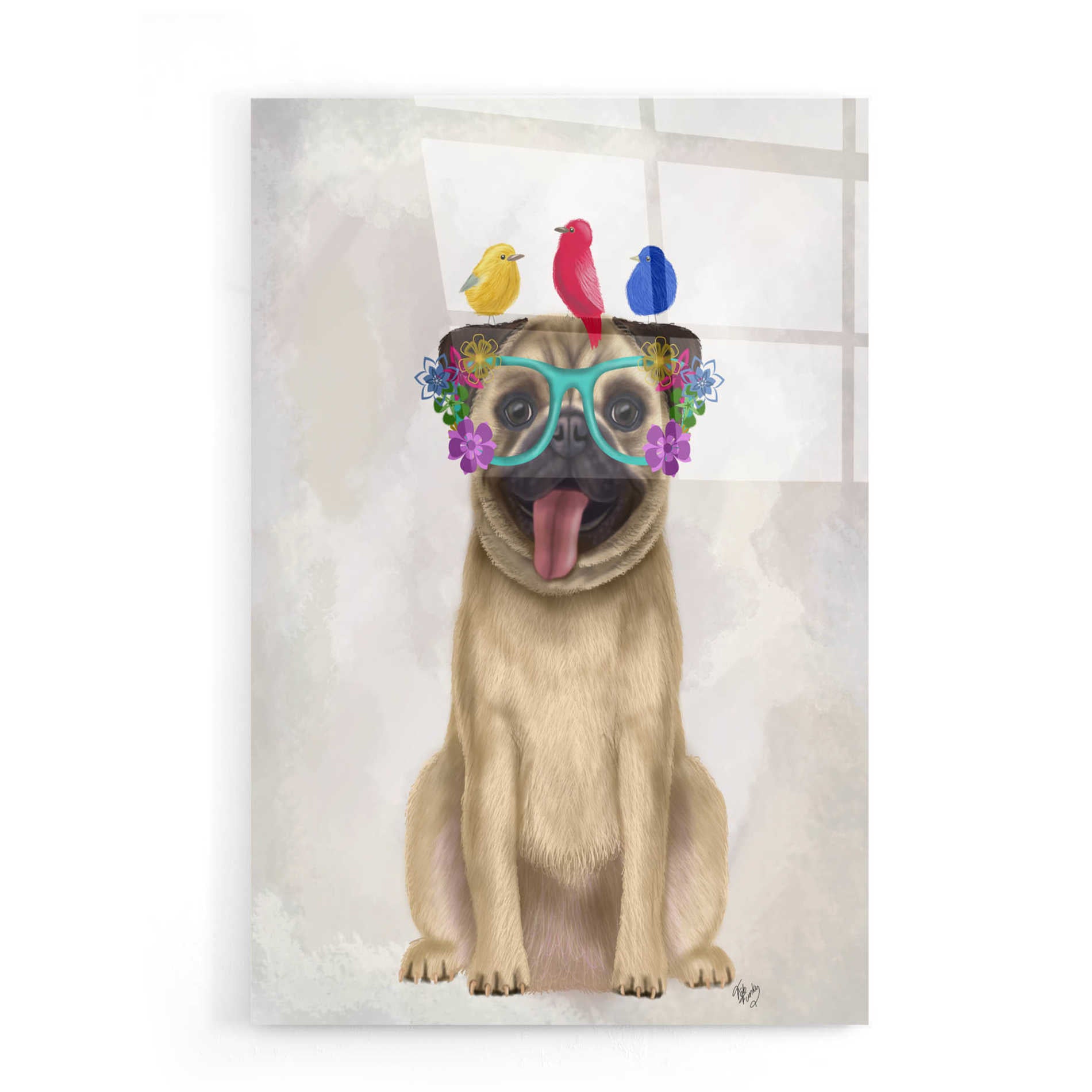 Epic Art 'Pug and Flower Glasses' by Fab Funky, Acrylic Glass Wall Art,16x24