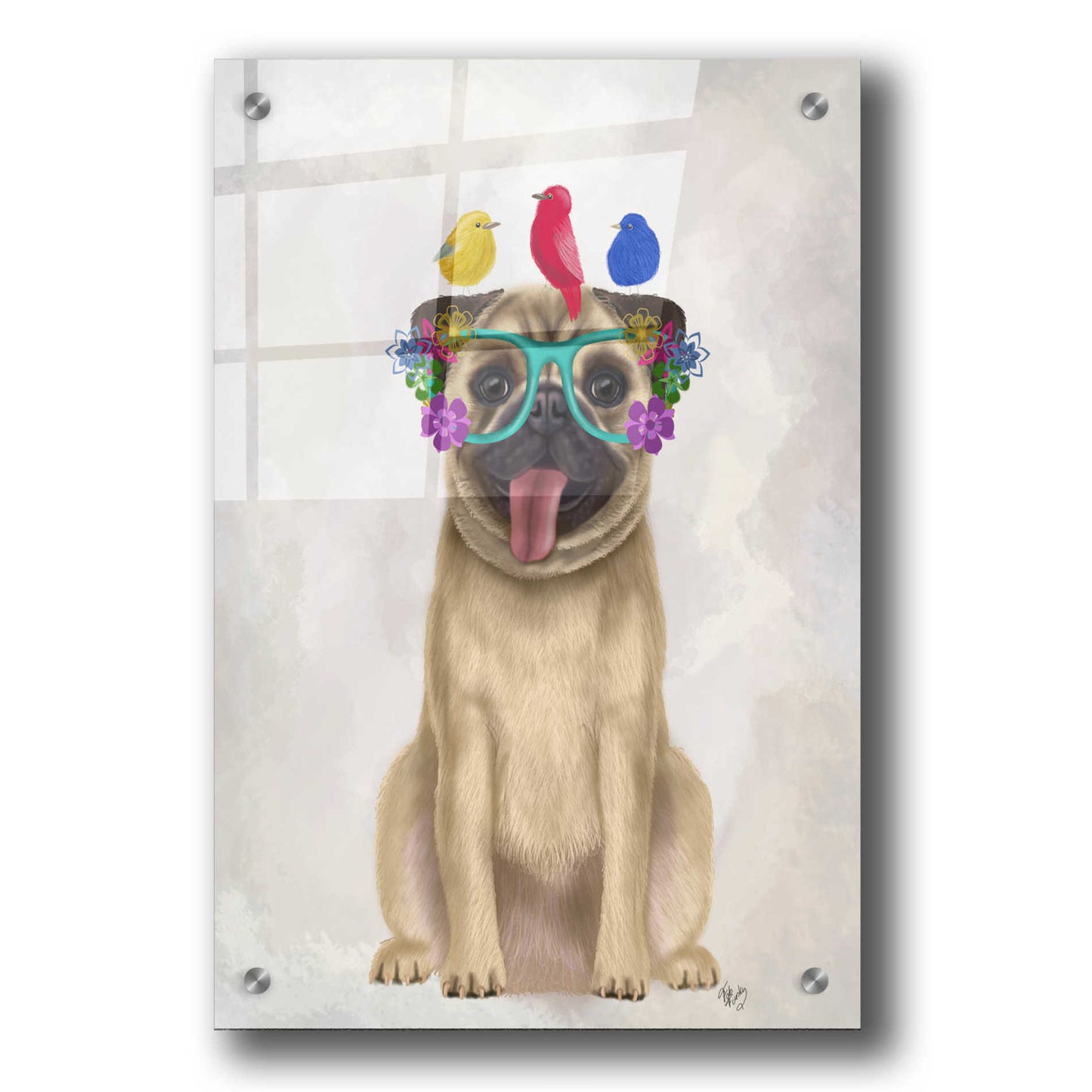 Epic Art 'Pug and Flower Glasses' by Fab Funky, Acrylic Glass Wall Art,24x36