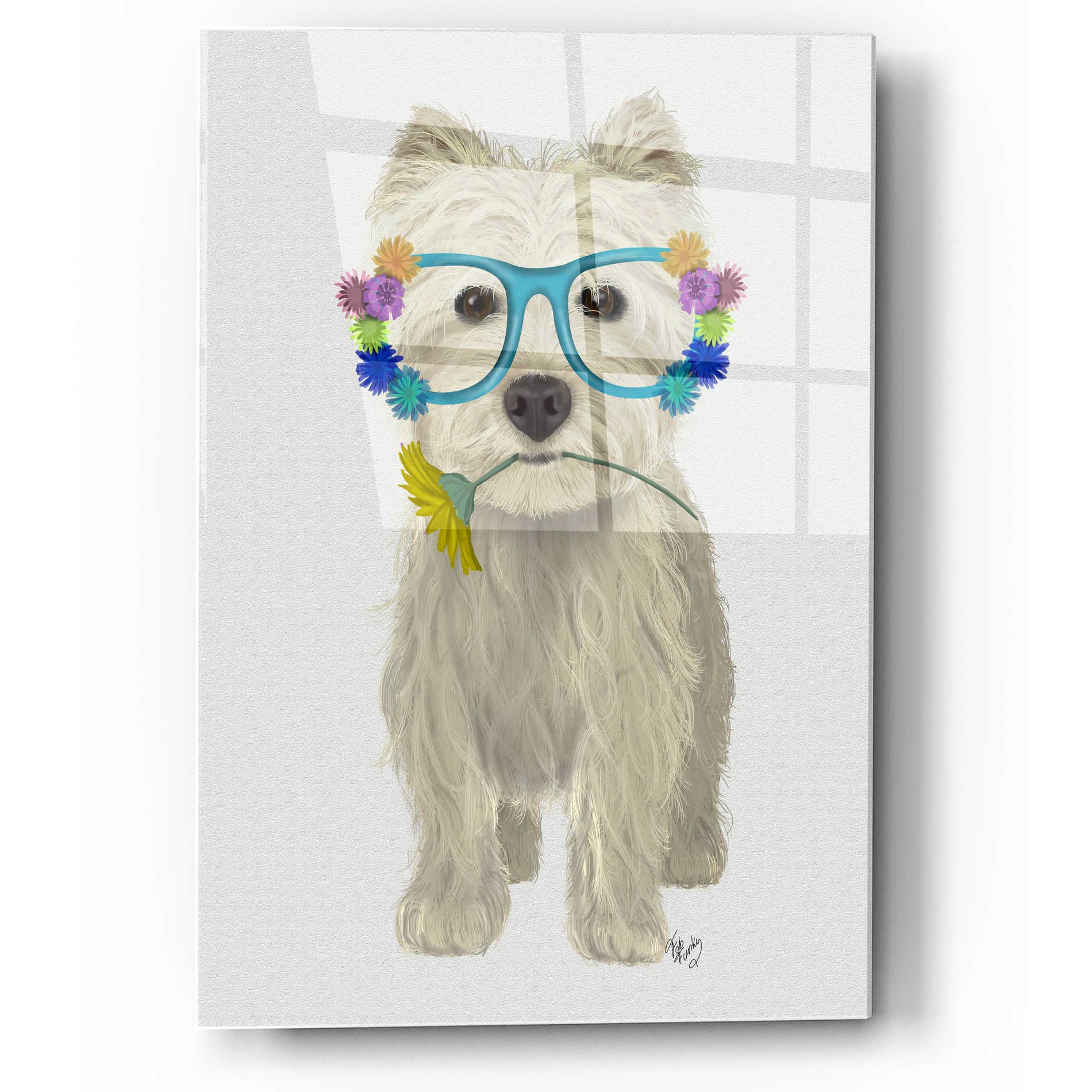 Epic Art 'West Highland Terrier Flower Glasses' by Fab Funky, Acrylic Glass Wall Art,12x16