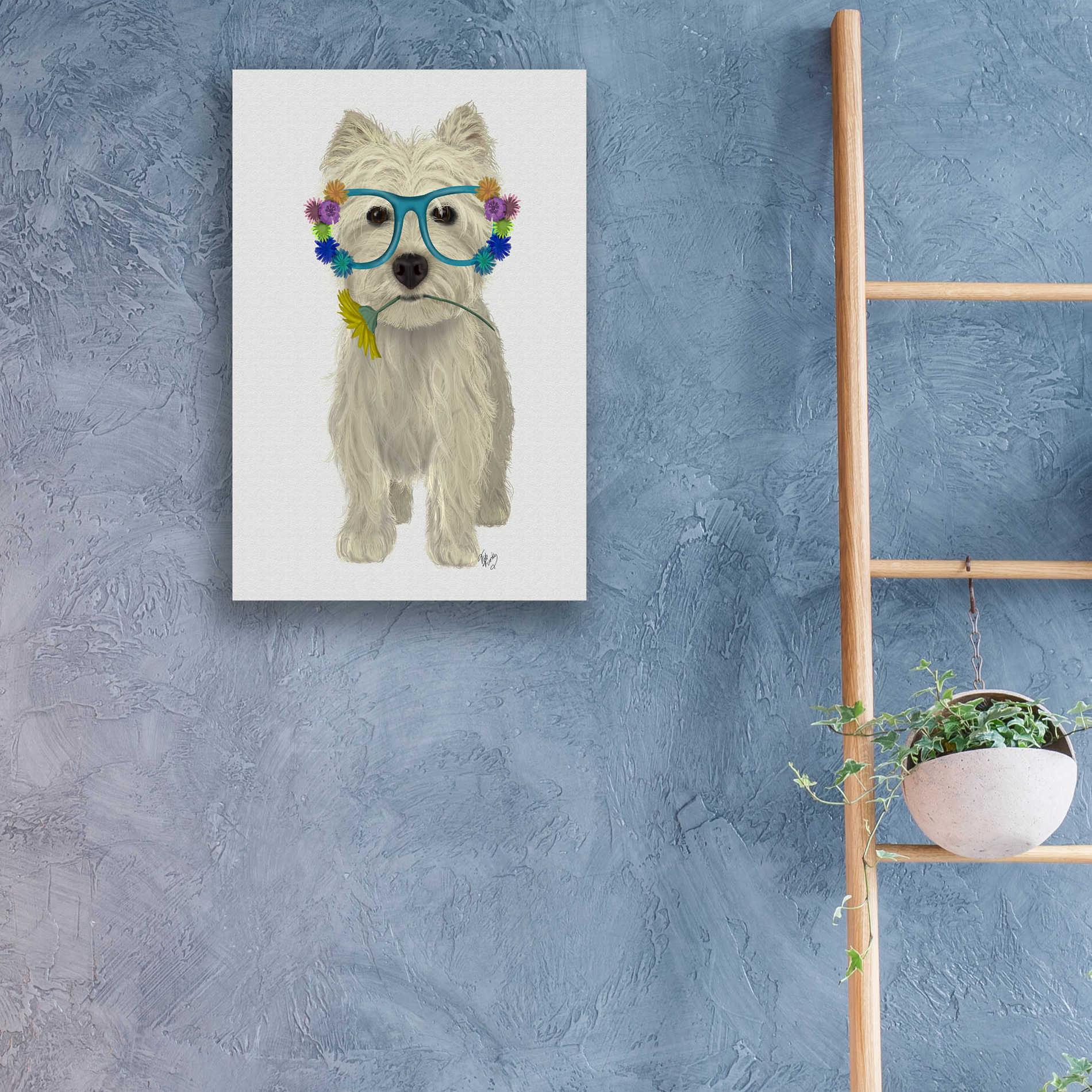 Epic Art 'West Highland Terrier Flower Glasses' by Fab Funky, Acrylic Glass Wall Art,16x24