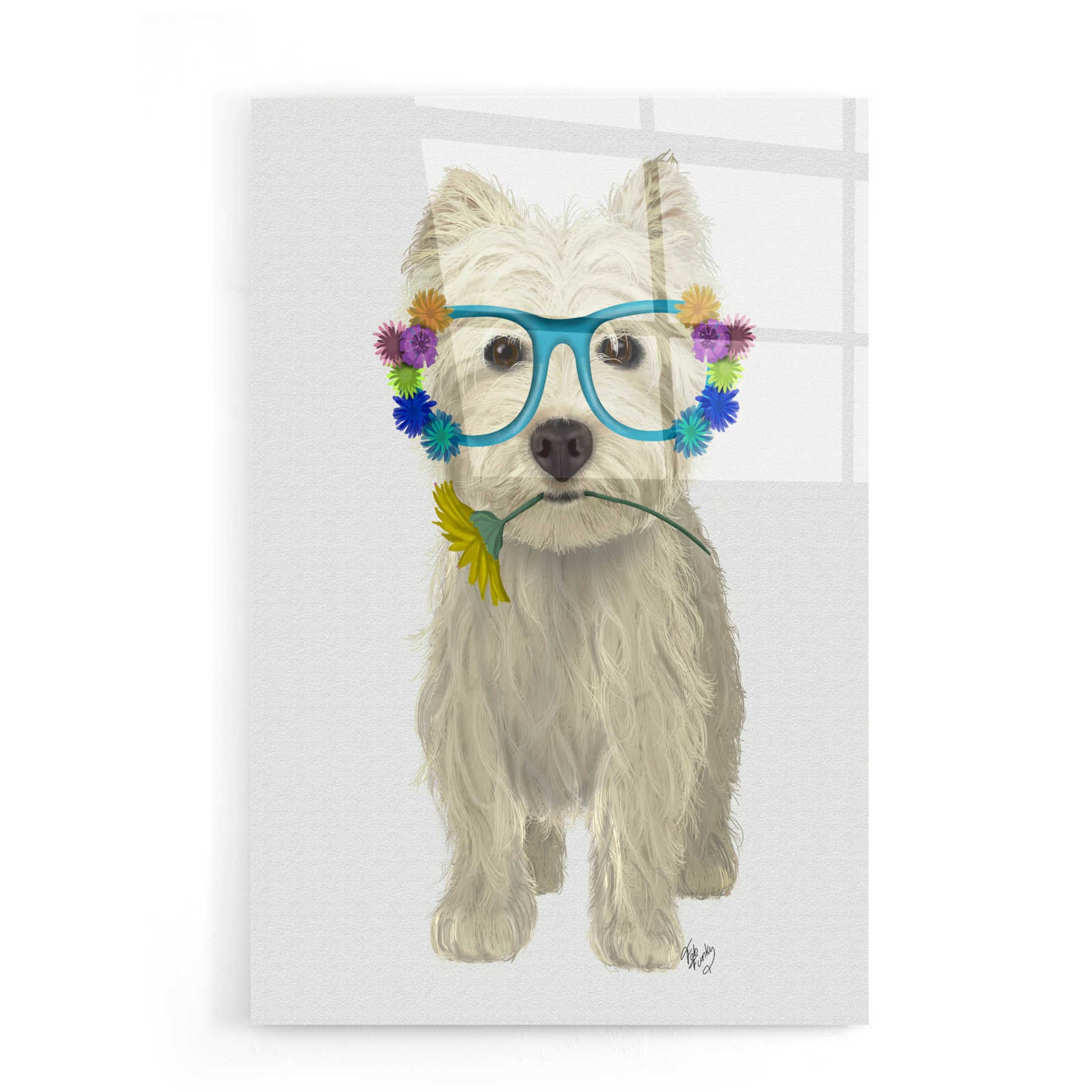 Epic Art 'West Highland Terrier Flower Glasses' by Fab Funky, Acrylic Glass Wall Art,16x24