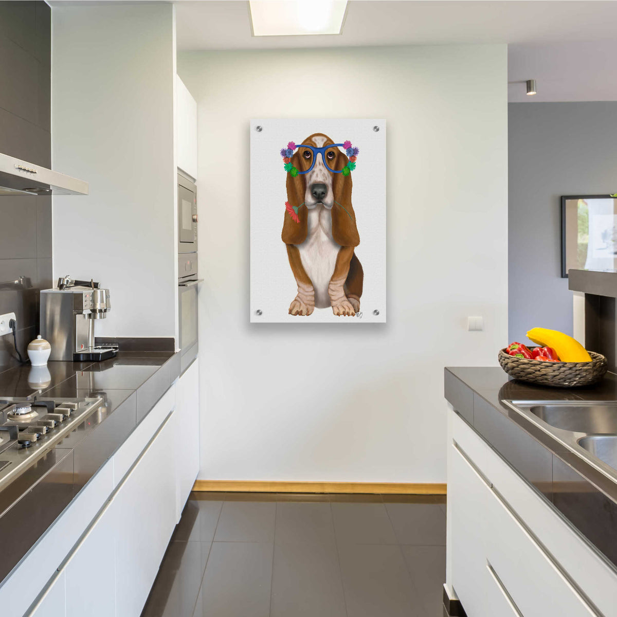 Epic Art 'Basset Hound Flower Glasses' by Fab Funky, Acrylic Glass Wall Art,24x36