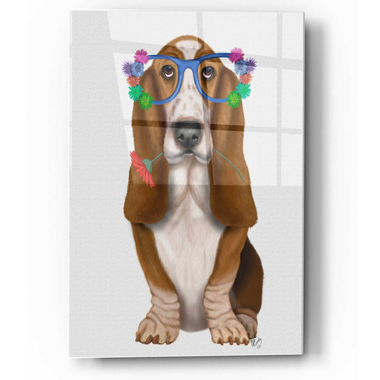 Epic Art 'Basset Hound Flower Glasses' by Fab Funky, Acrylic Glass Wall Art