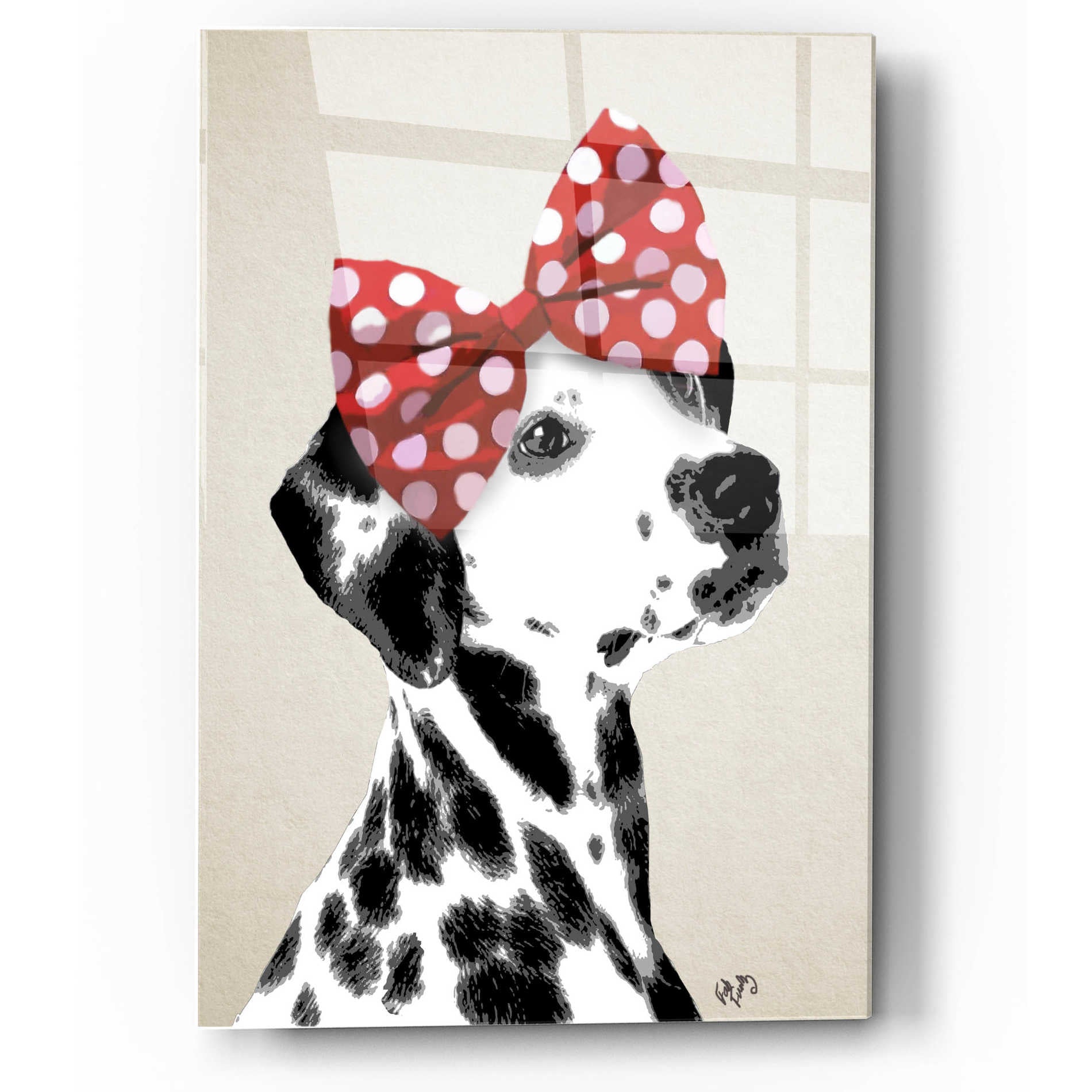 Epic Art 'Dalmatian With Red Bow' by Fab Funky, Acrylic Glass Wall Art,12x16
