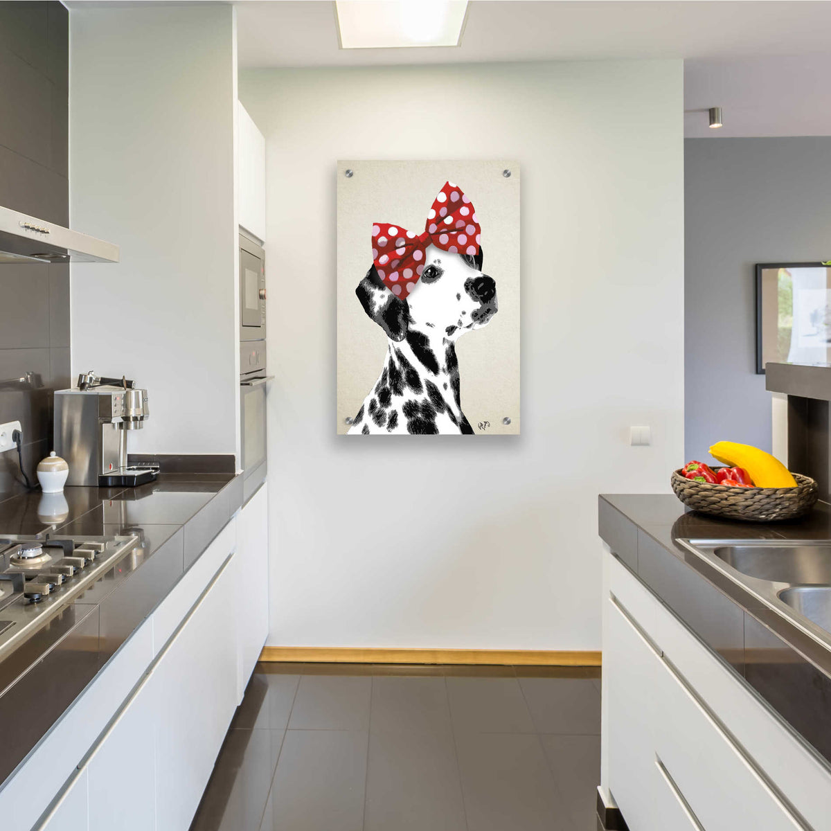 Epic Art 'Dalmatian With Red Bow' by Fab Funky, Acrylic Glass Wall Art,24x36