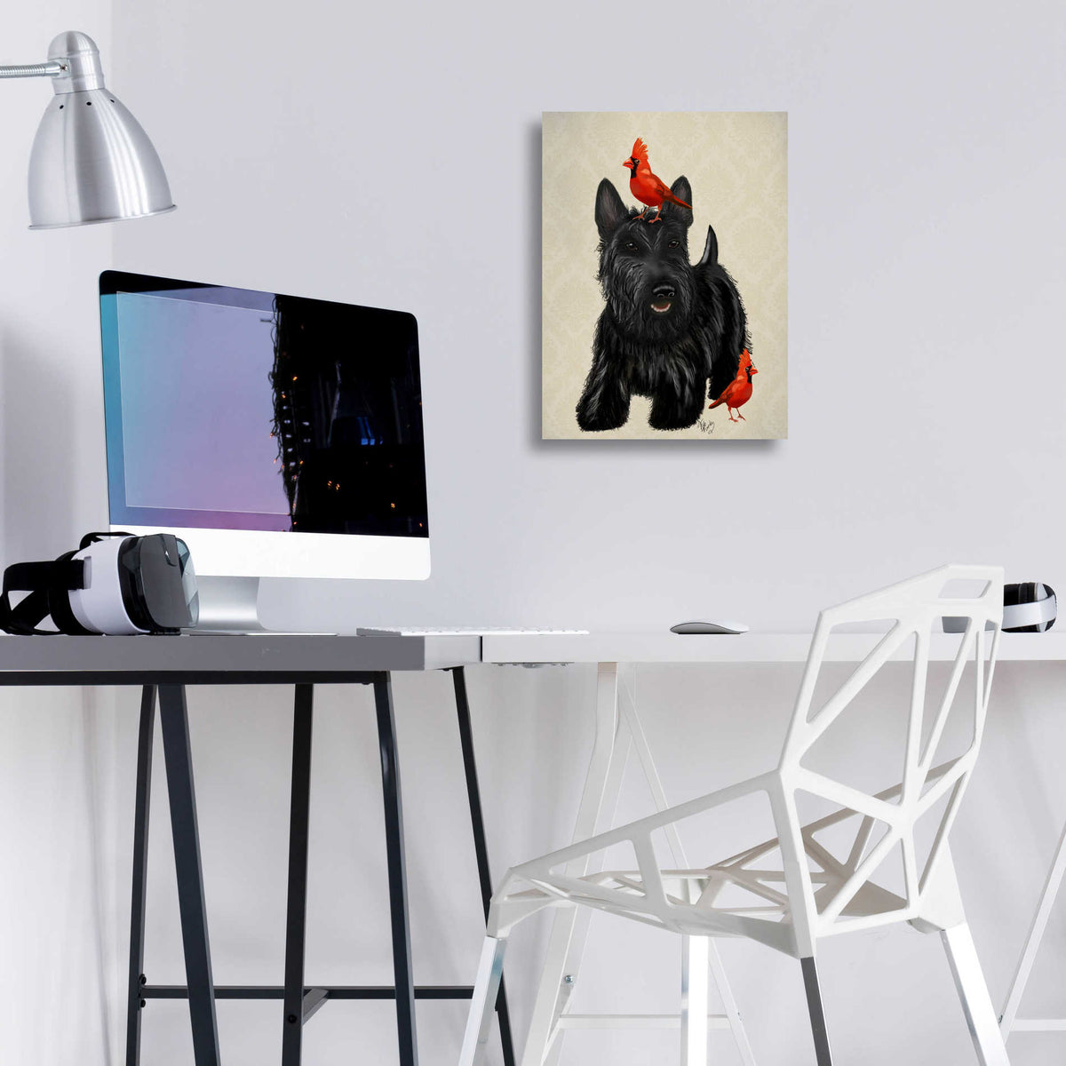 Epic Art 'Scottie Dog and Red Birds' by Fab Funky, Acrylic Glass Wall Art,12x16