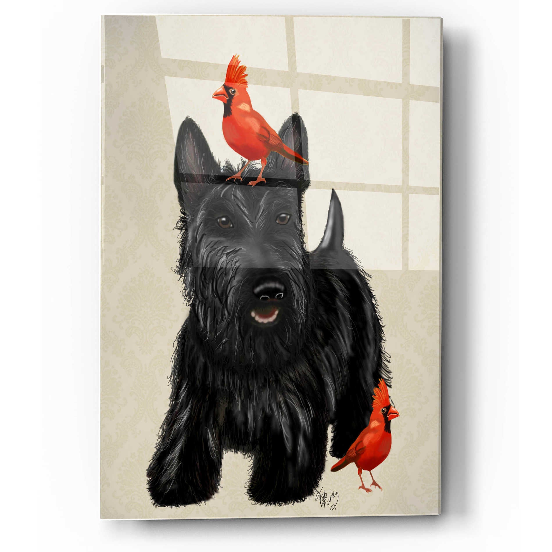 Epic Art 'Scottie Dog and Red Birds' by Fab Funky, Acrylic Glass Wall Art,12x16