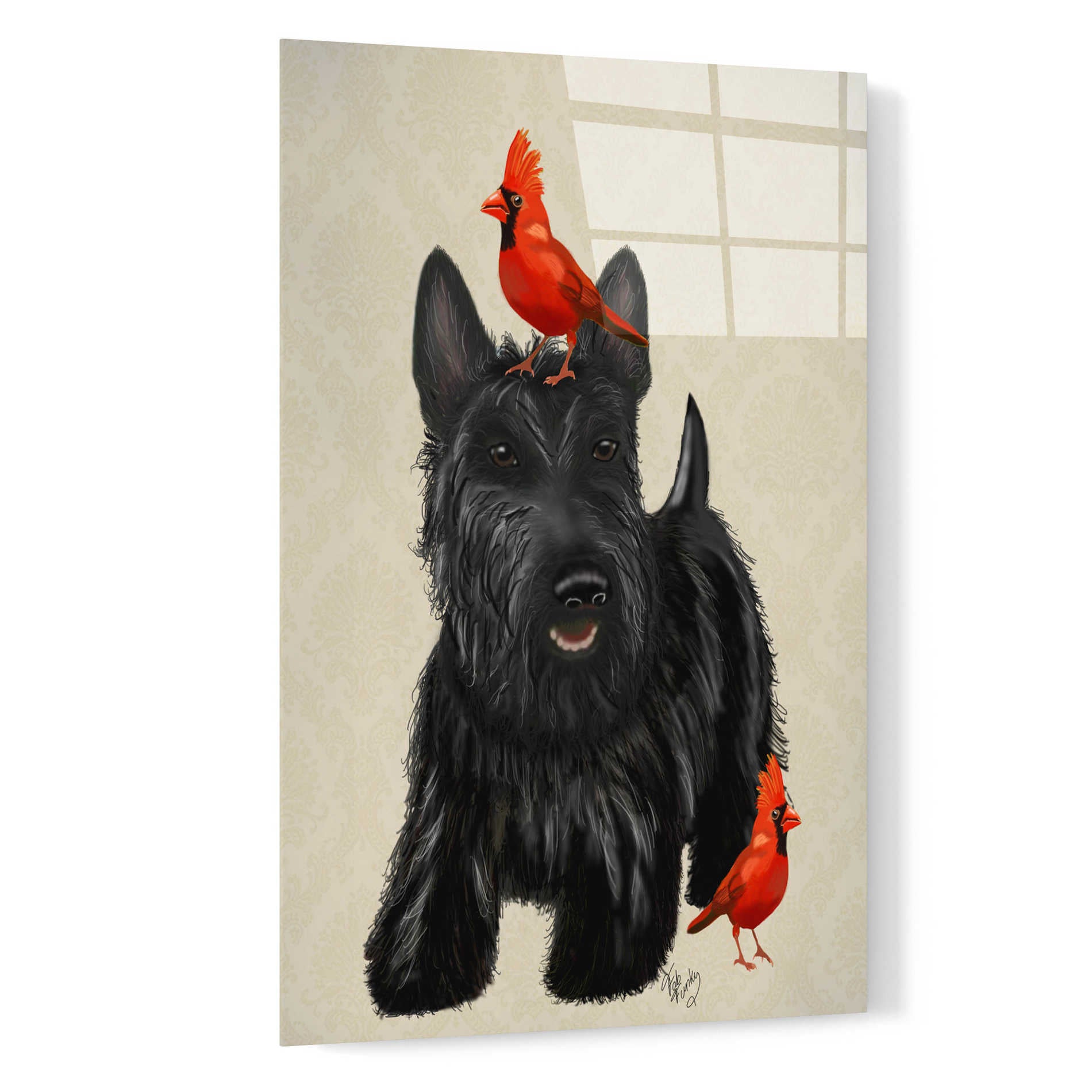Epic Art 'Scottie Dog and Red Birds' by Fab Funky, Acrylic Glass Wall Art,16x24