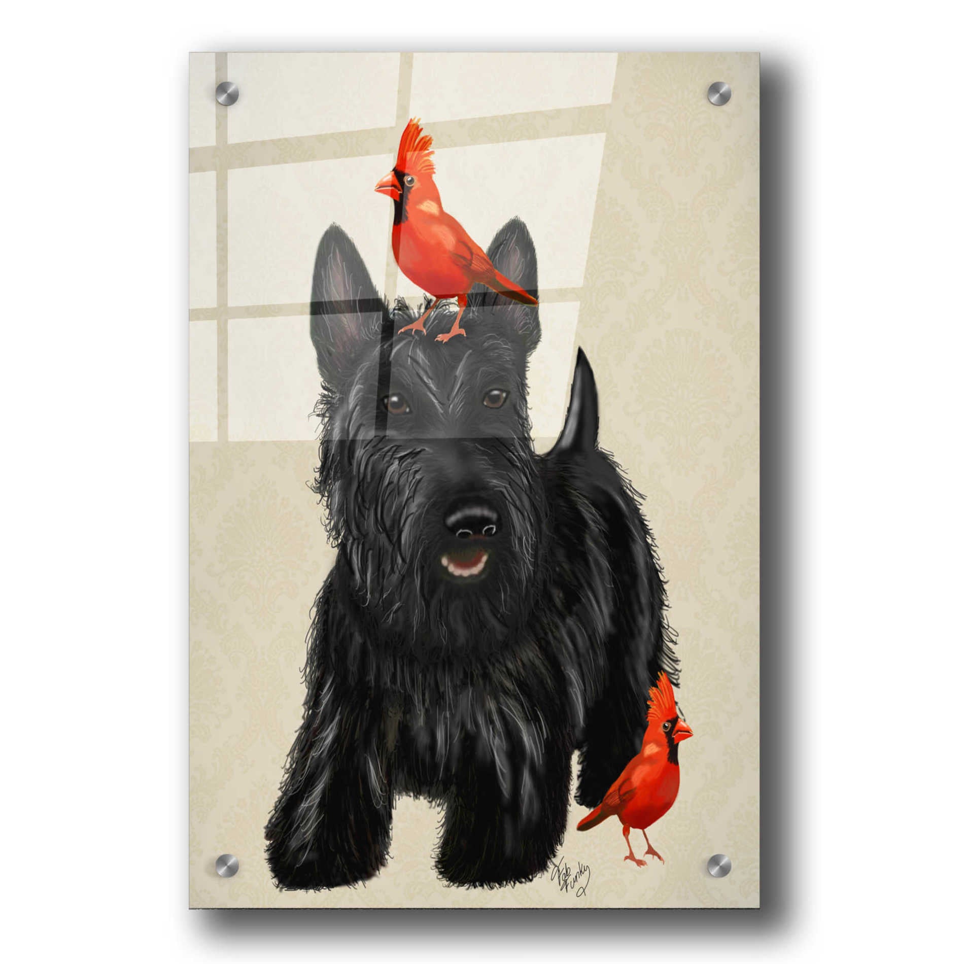 Epic Art 'Scottie Dog and Red Birds' by Fab Funky, Acrylic Glass Wall Art,24x36