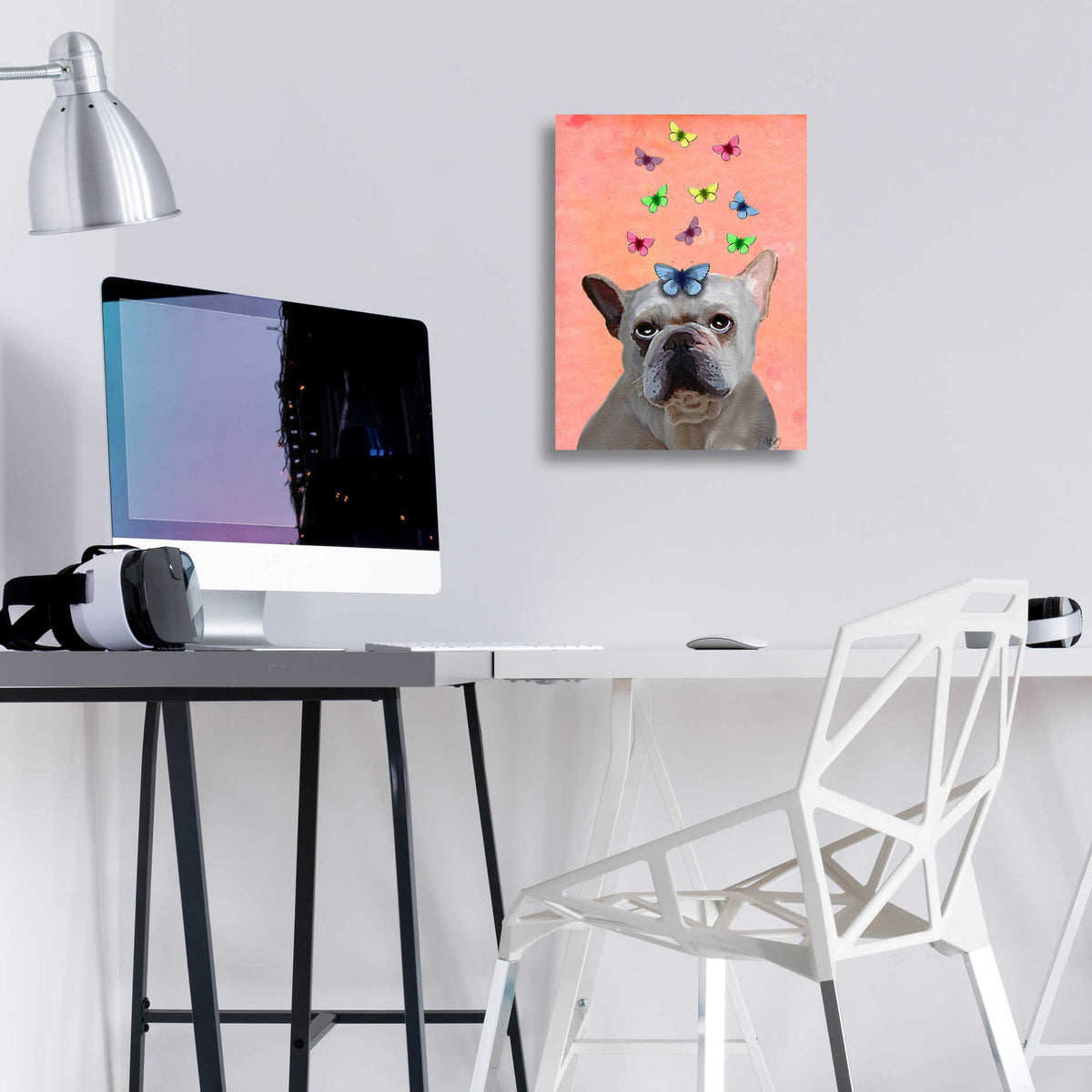 Epic Art 'White French Bulldog and Butterflies' by Fab Funky, Acrylic Glass Wall Art,12x16