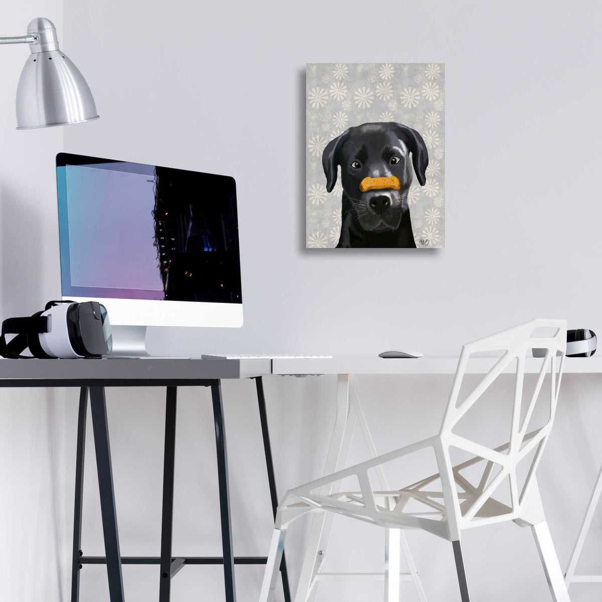 Epic Art 'Black Labrador With Bone on Nose' by Fab Funky, Acrylic Glass Wall Art,12x16