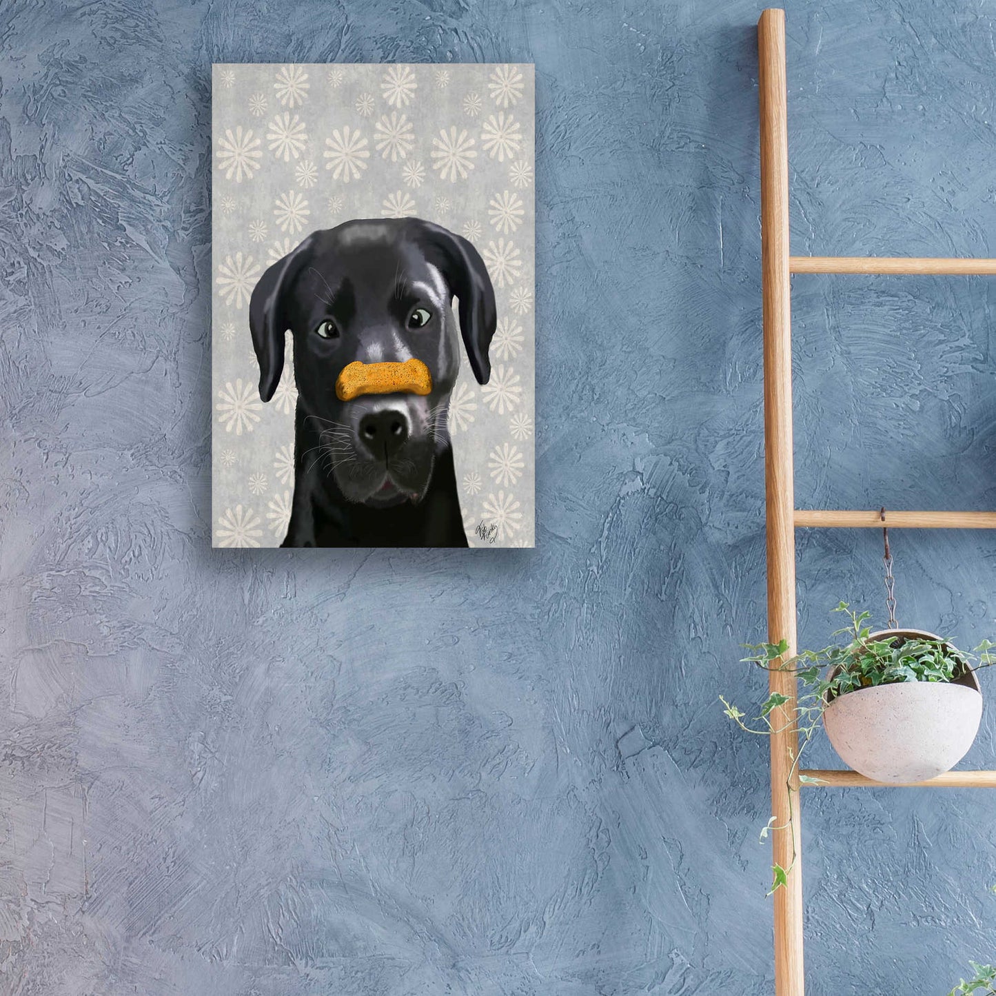 Epic Art 'Black Labrador With Bone on Nose' by Fab Funky, Acrylic Glass Wall Art,16x24