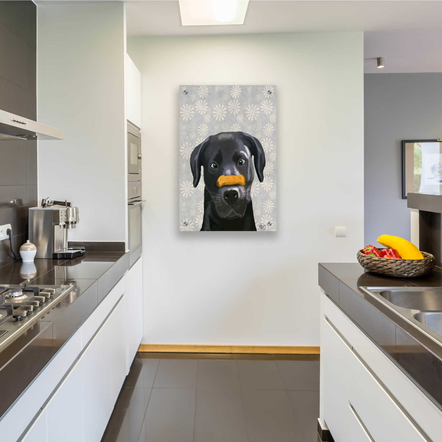 Epic Art 'Black Labrador With Bone on Nose' by Fab Funky, Acrylic Glass Wall Art,24x36