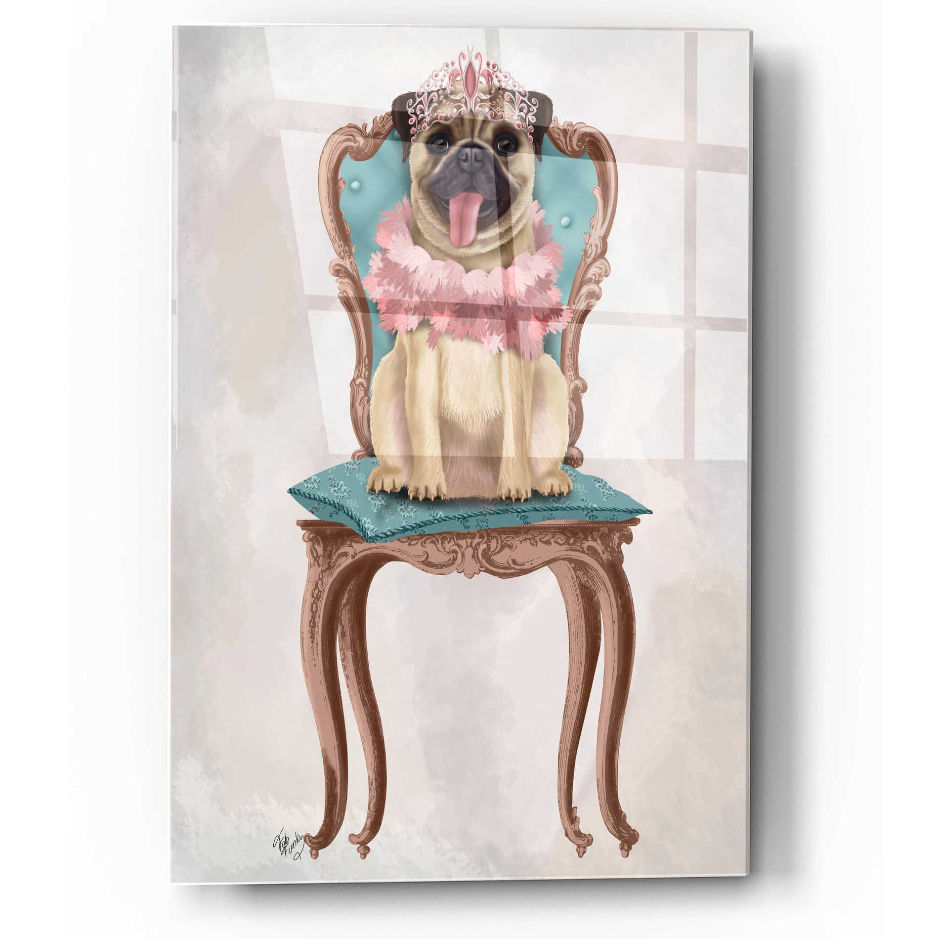 Epic Art 'Pug Princess on Chair' by Fab Funky, Acrylic Glass Wall Art,12x16