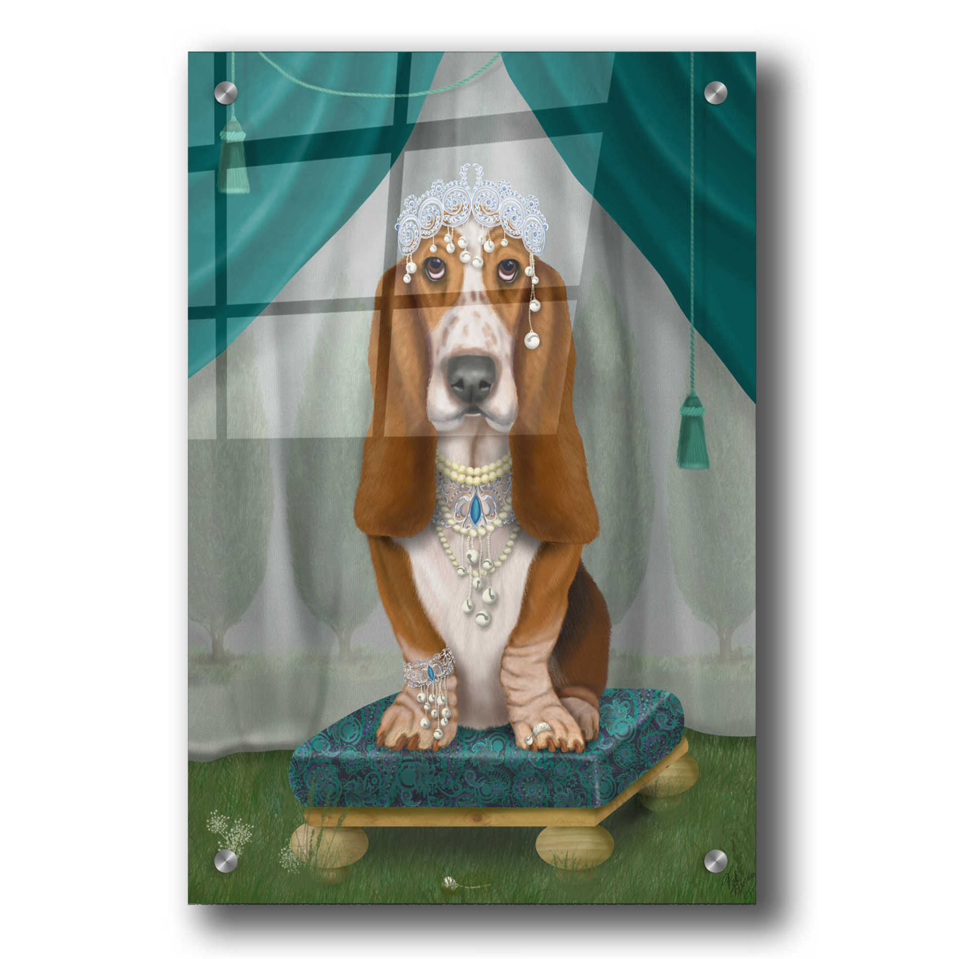 Epic Art 'Basset Hound and Tiara' by Fab Funky, Acrylic Glass Wall Art,24x36
