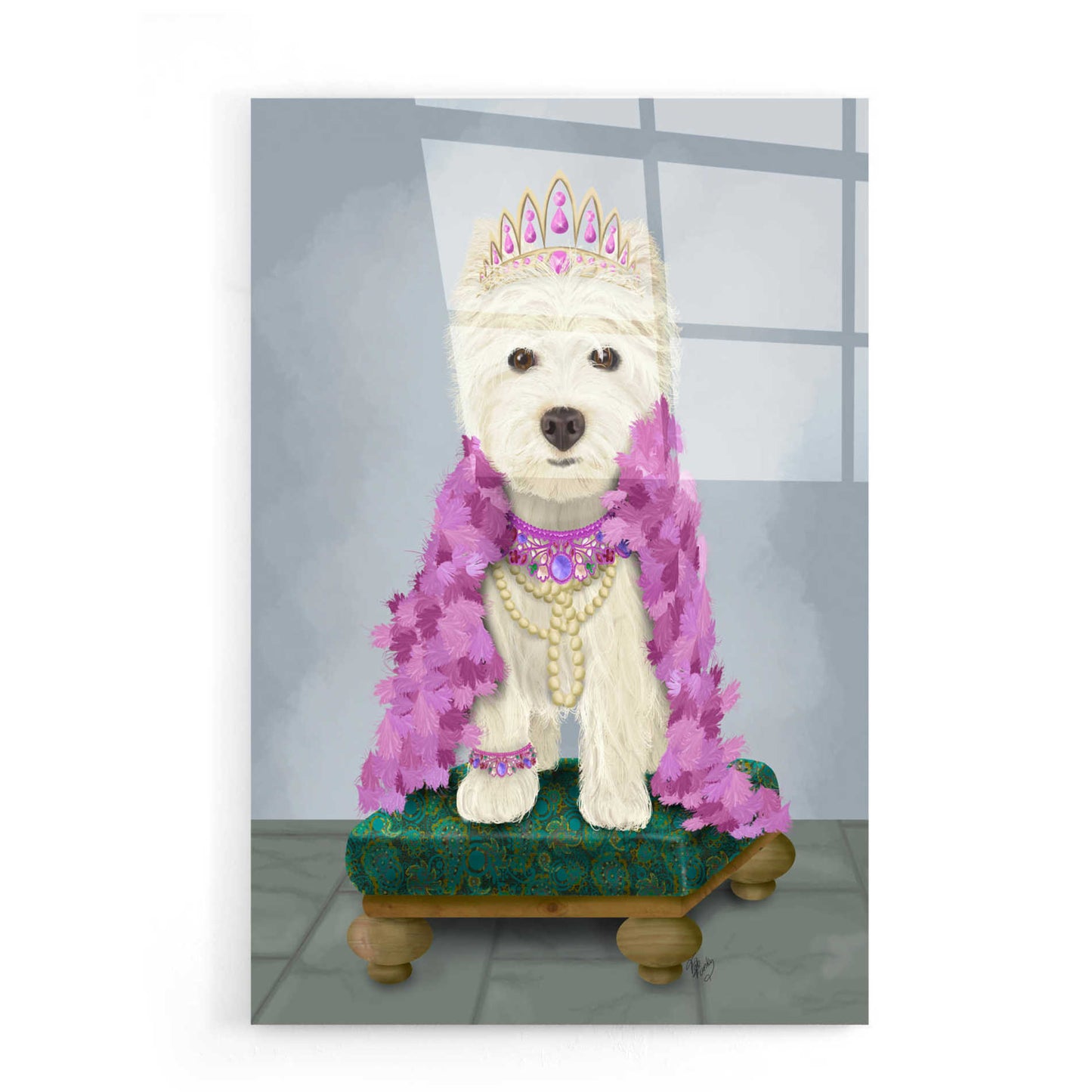 Epic Art 'West Highland Terrier with Tiara' by Fab Funky, Acrylic Glass Wall Art,16x24