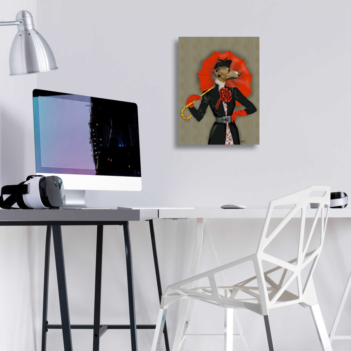 Epic Art 'Elegant Greyhound and Red Umbrella' by Fab Funky, Acrylic Glass Wall Art,12x16