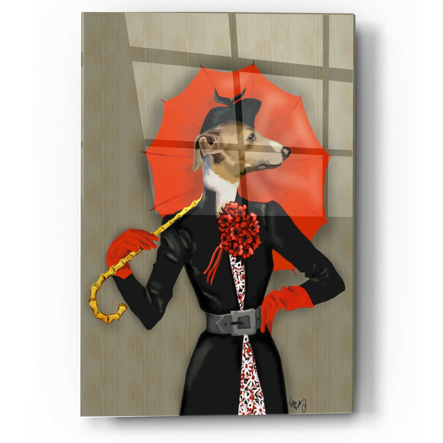 Epic Art 'Elegant Greyhound and Red Umbrella' by Fab Funky, Acrylic Glass Wall Art,12x16