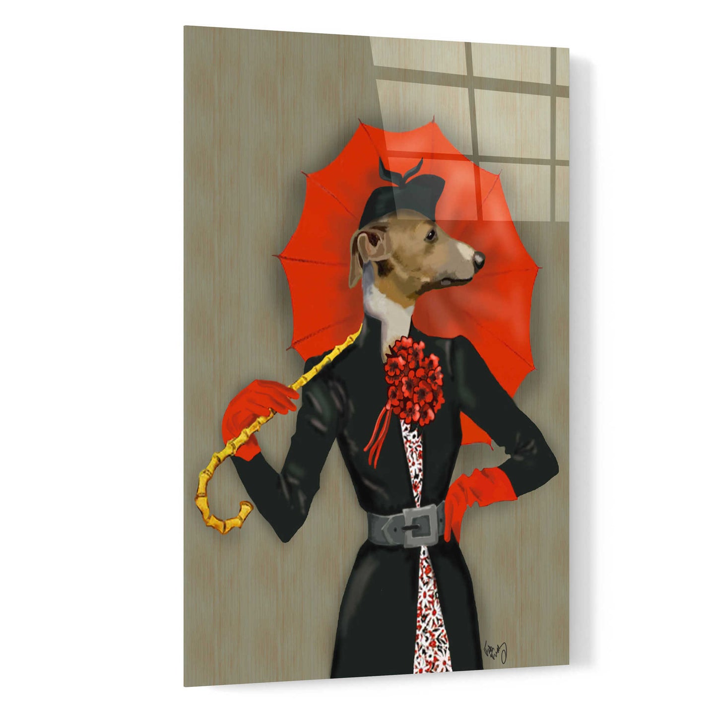 Epic Art 'Elegant Greyhound and Red Umbrella' by Fab Funky, Acrylic Glass Wall Art,16x24