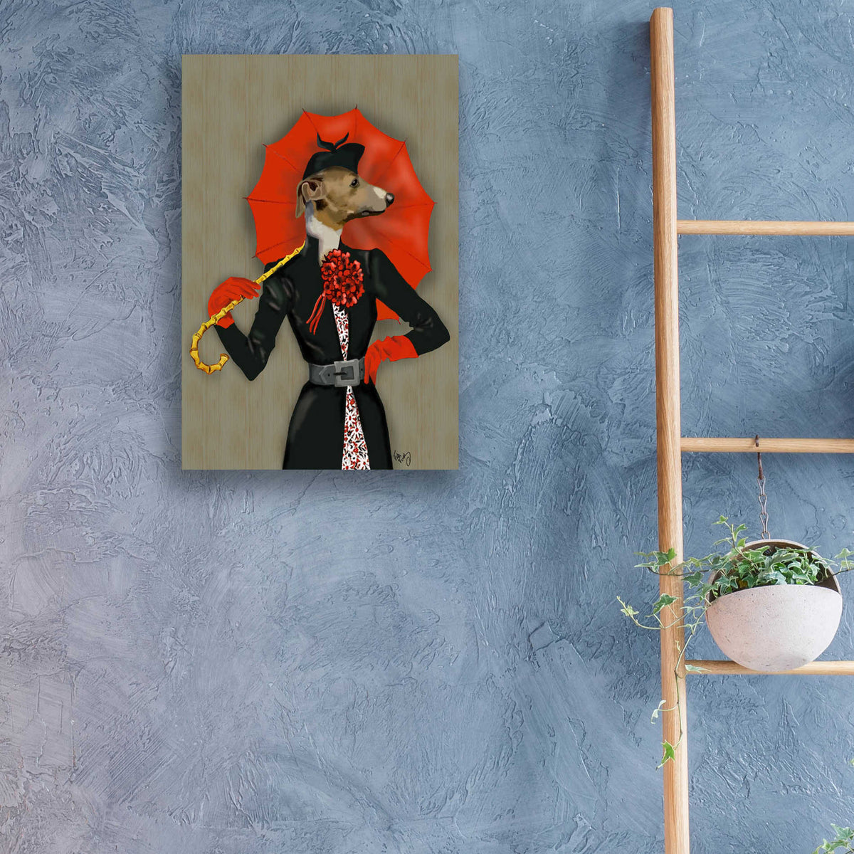Epic Art 'Elegant Greyhound and Red Umbrella' by Fab Funky, Acrylic Glass Wall Art,16x24