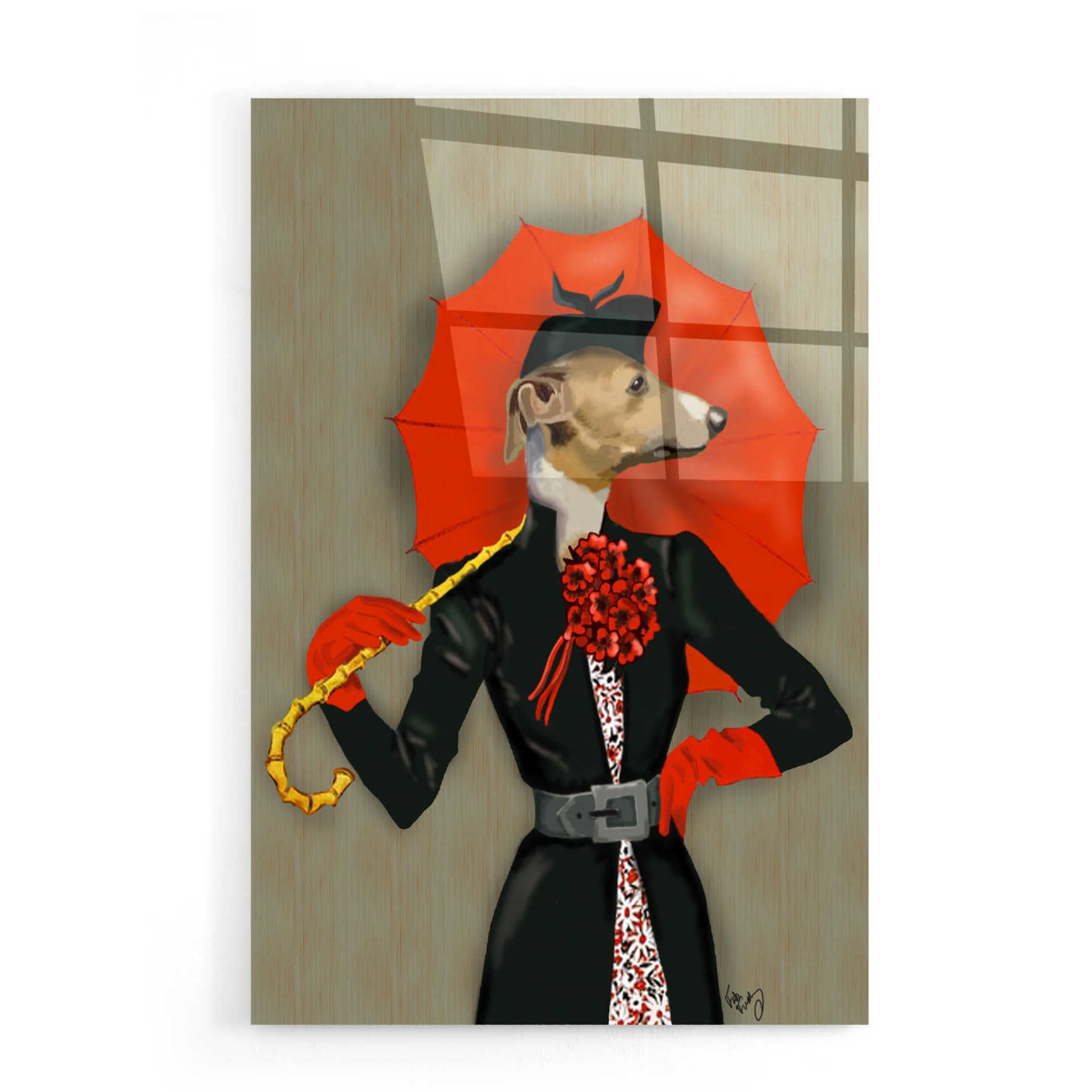 Epic Art 'Elegant Greyhound and Red Umbrella' by Fab Funky, Acrylic Glass Wall Art,16x24