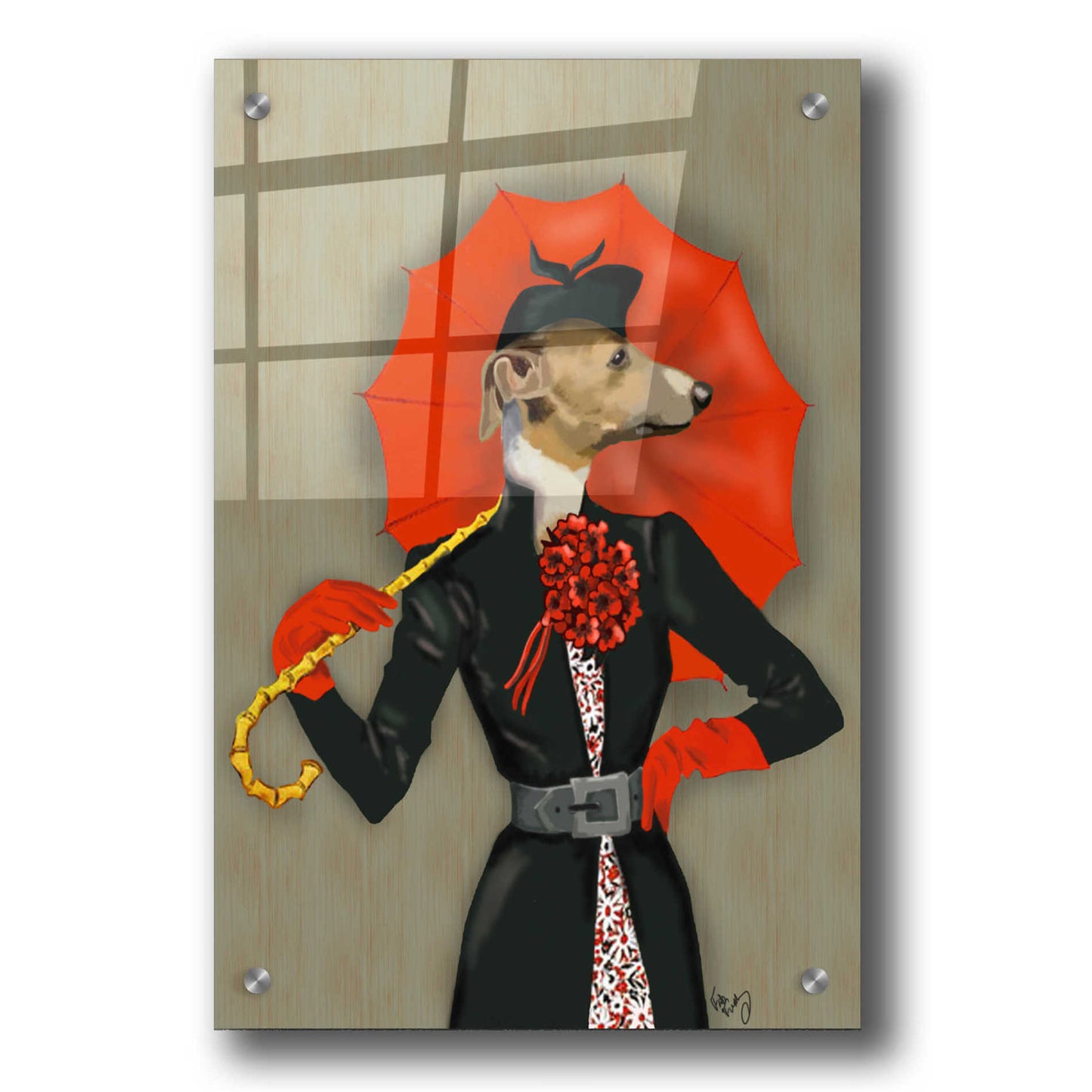 Epic Art 'Elegant Greyhound and Red Umbrella' by Fab Funky, Acrylic Glass Wall Art,24x36