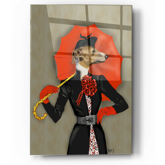 Epic Art 'Elegant Greyhound and Red Umbrella' by Fab Funky, Acrylic Glass Wall Art