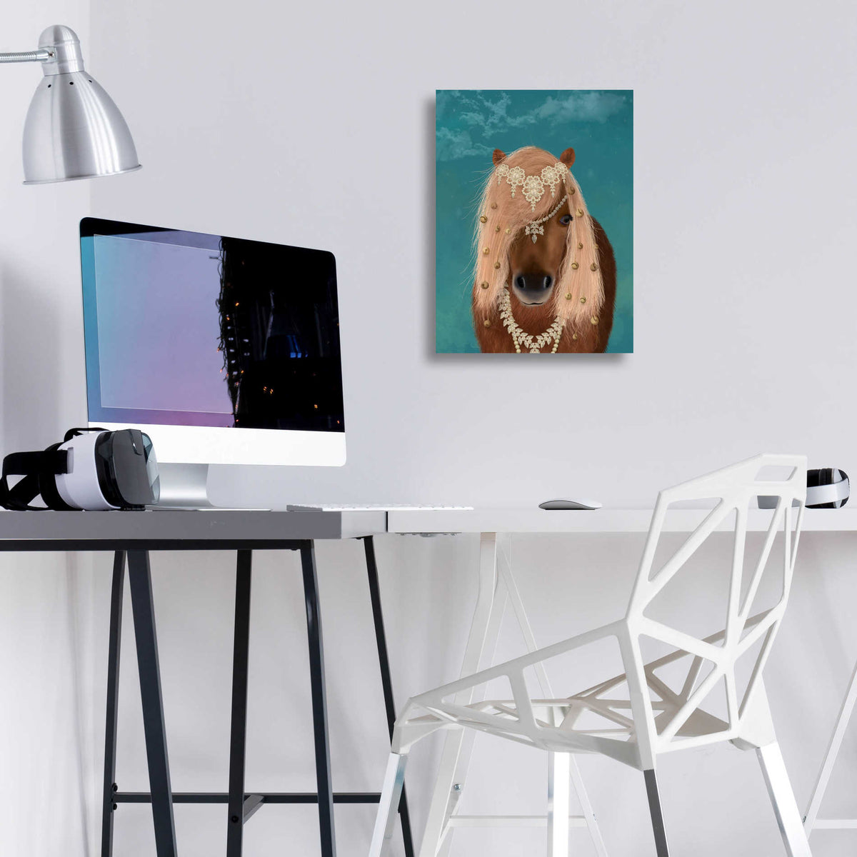 Epic Art 'Horse Brown Pony with Bells, Portrait' by Fab Funky, Acrylic Glass Wall Art,12x16