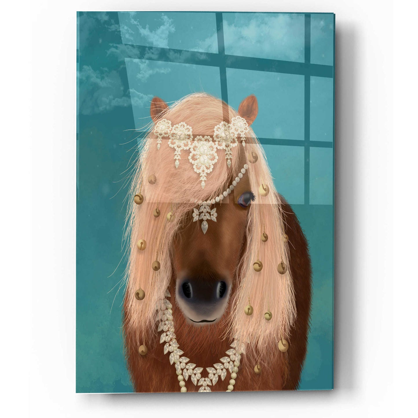 Epic Art 'Horse Brown Pony with Bells, Portrait' by Fab Funky, Acrylic Glass Wall Art,12x16
