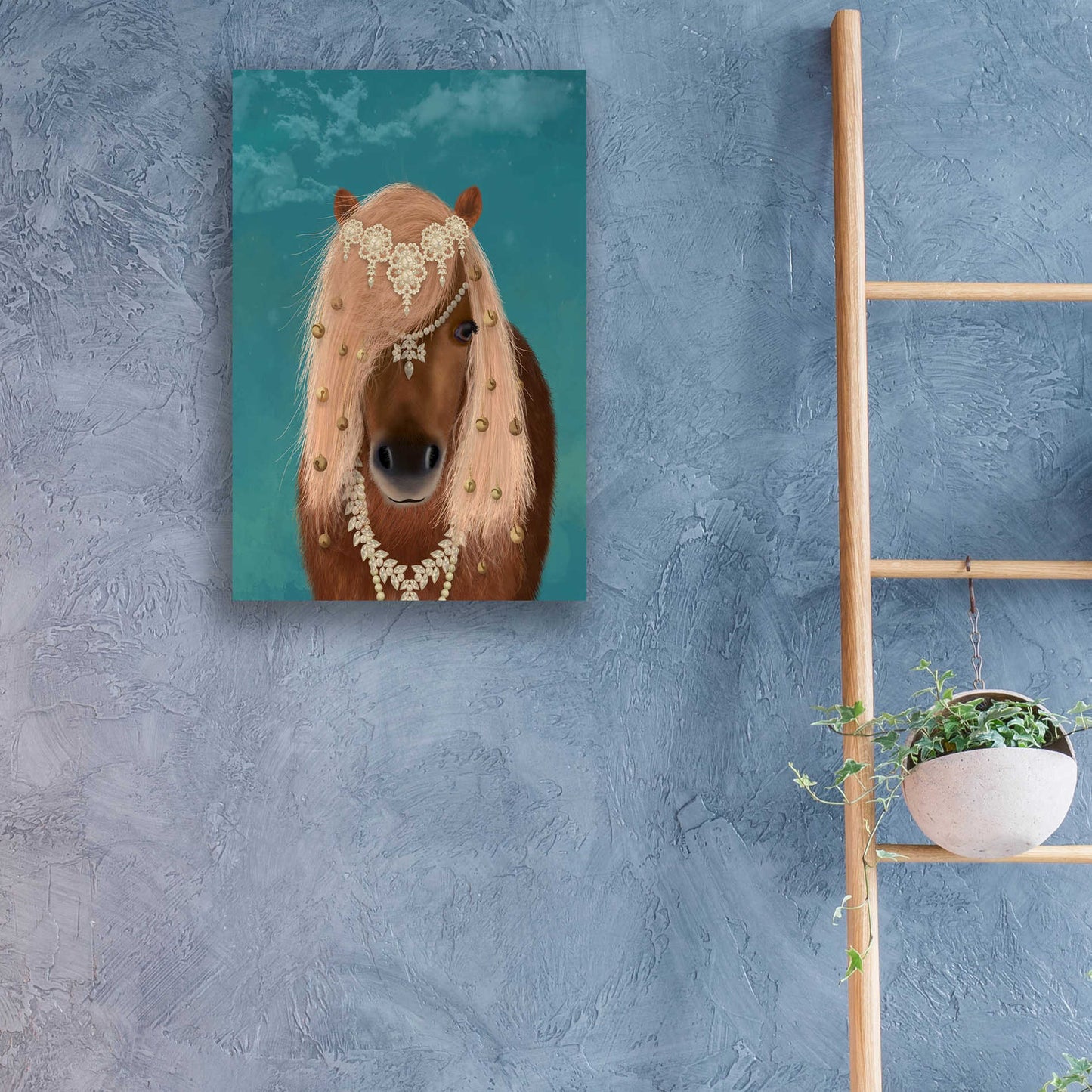 Epic Art 'Horse Brown Pony with Bells, Portrait' by Fab Funky, Acrylic Glass Wall Art,16x24