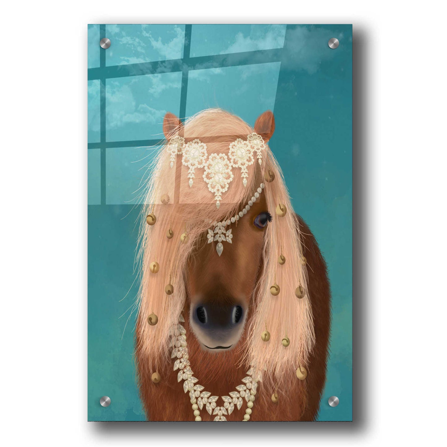 Epic Art 'Horse Brown Pony with Bells, Portrait' by Fab Funky, Acrylic Glass Wall Art,24x36