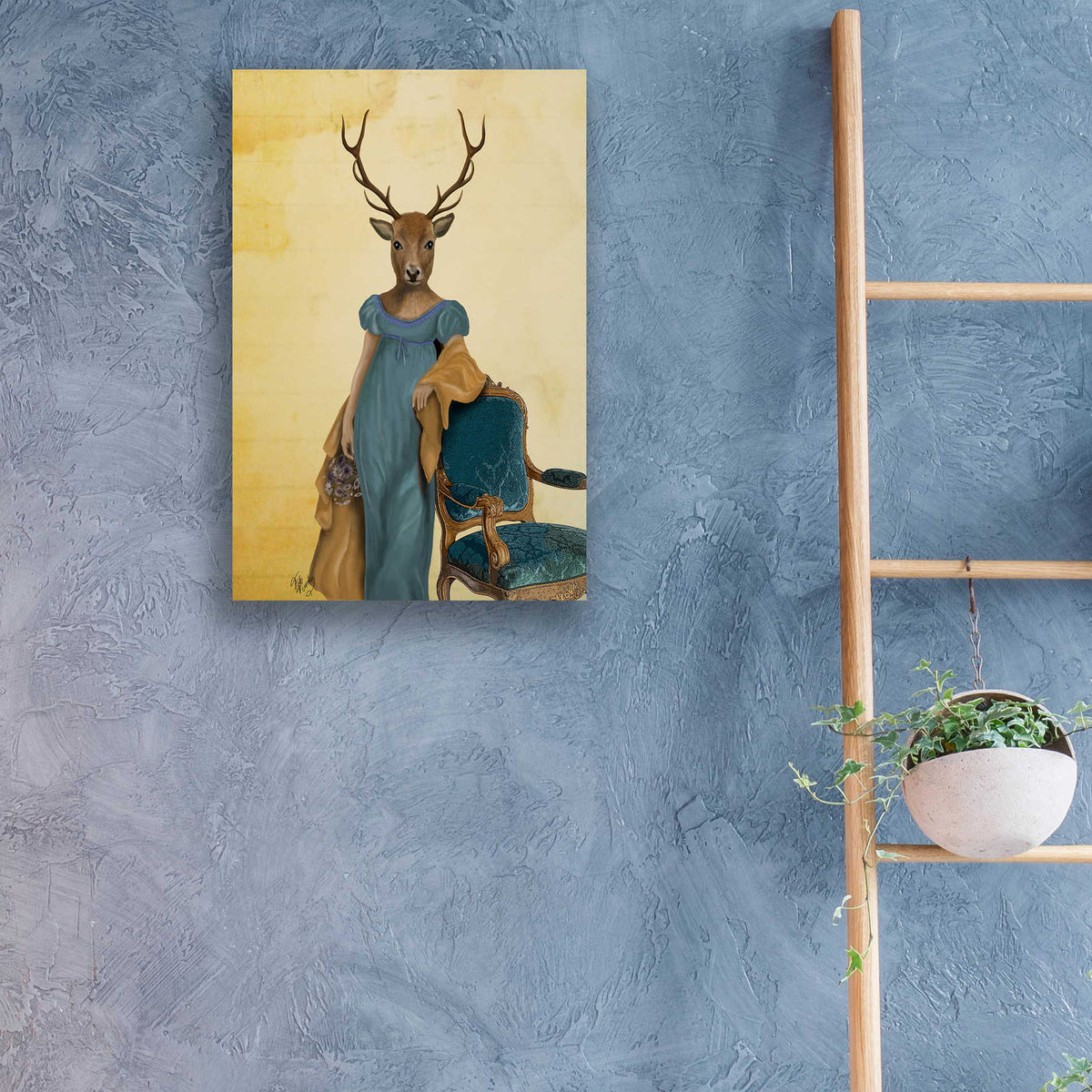 Epic Art 'Deer In Blue Dress' by Fab Funky, Acrylic Glass Wall Art,16x24