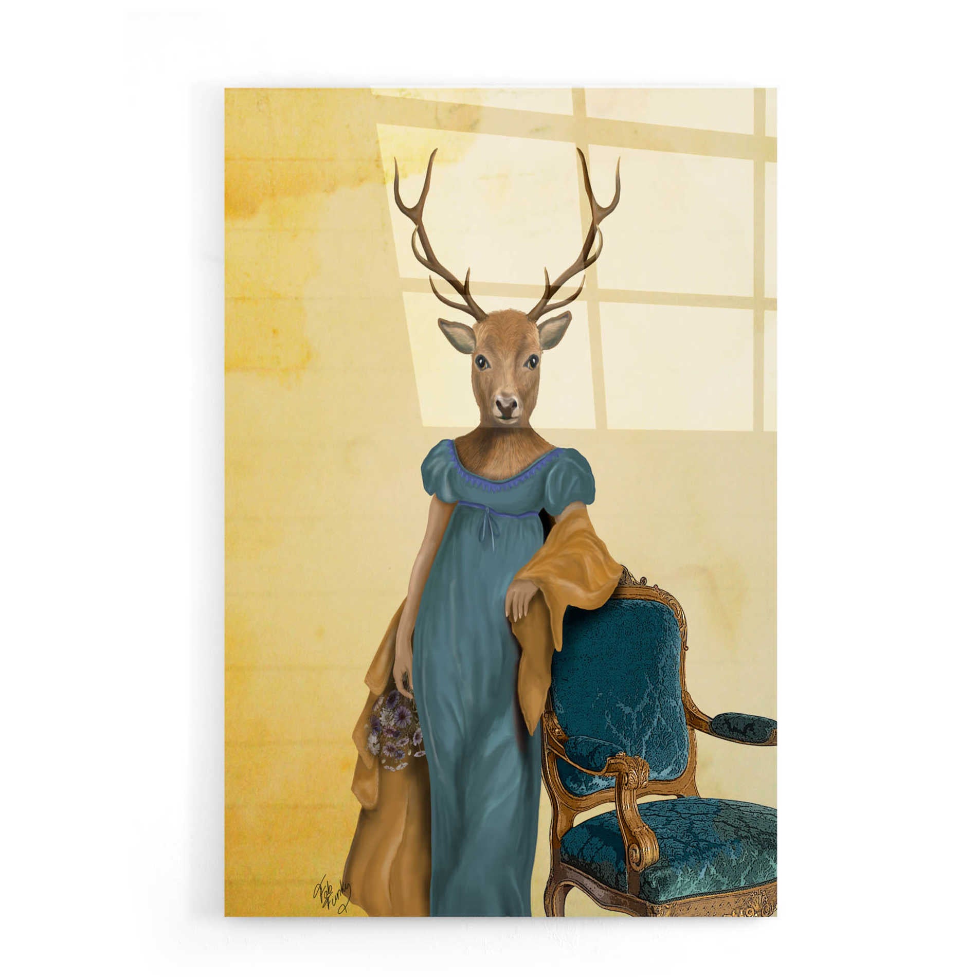 Epic Art 'Deer In Blue Dress' by Fab Funky, Acrylic Glass Wall Art,16x24