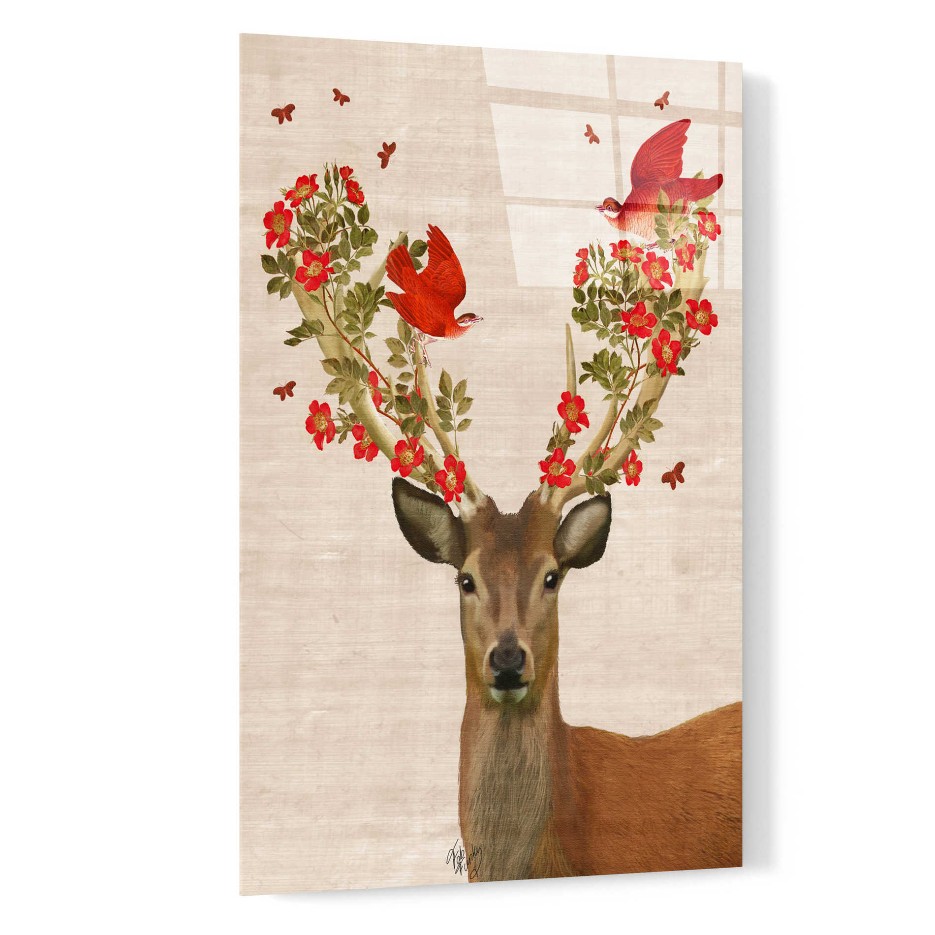 Epic Art 'Deer and Love Birds' by Fab Funky, Acrylic Glass Wall Art,16x24