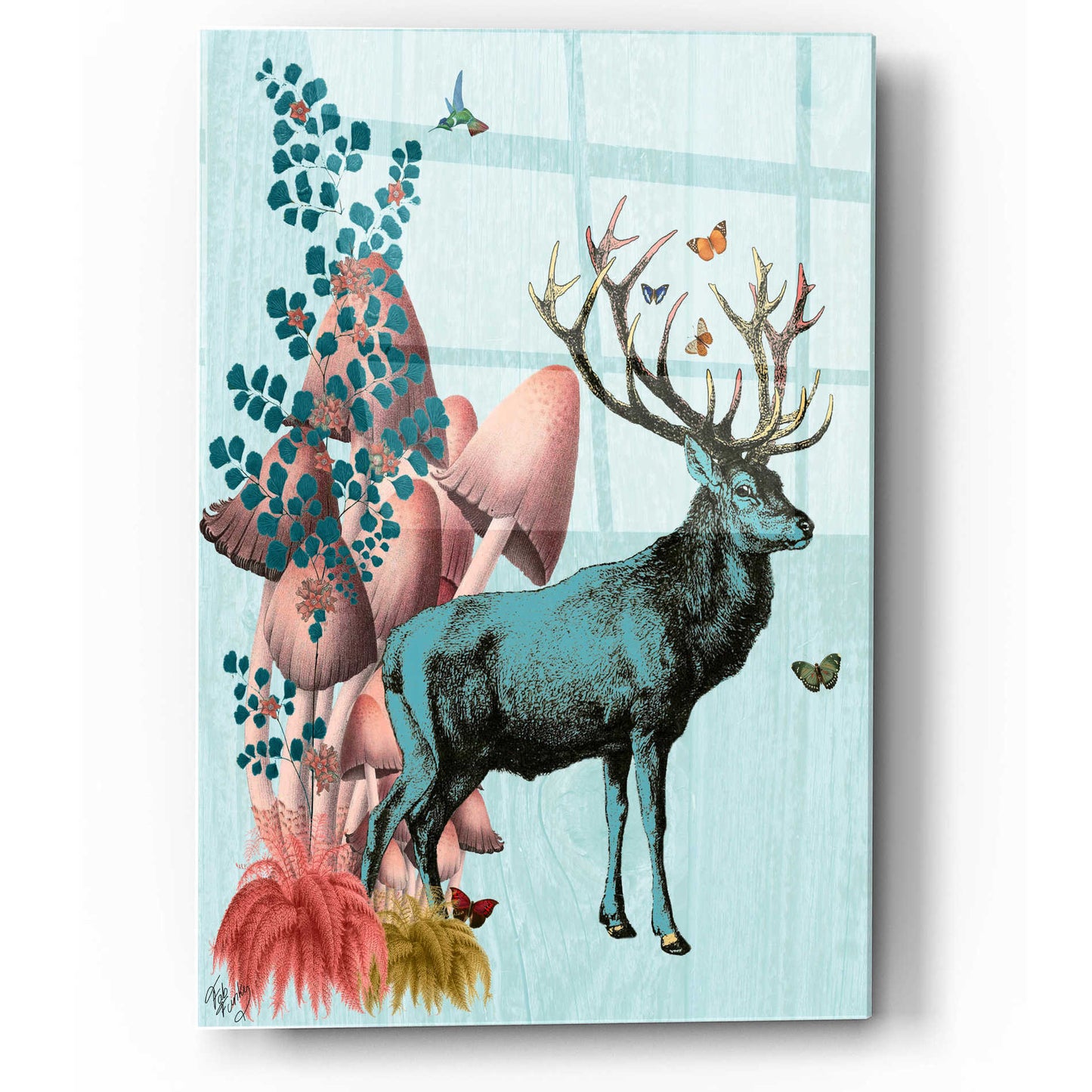 Epic Art 'Turquoise Deer in Mushroom Forest' by Fab Funky, Acrylic Glass Wall Art,12x16