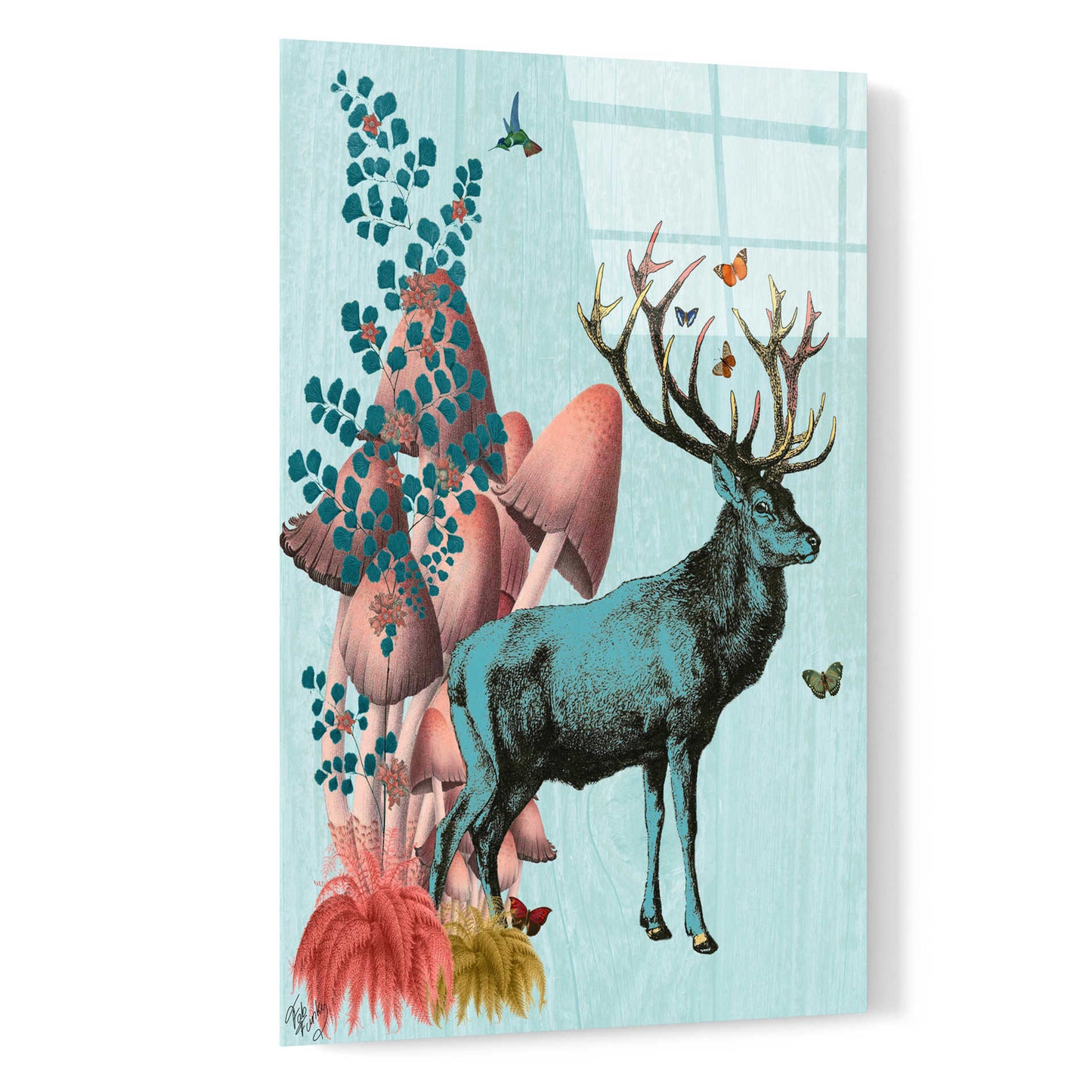 Epic Art 'Turquoise Deer in Mushroom Forest' by Fab Funky, Acrylic Glass Wall Art,16x24