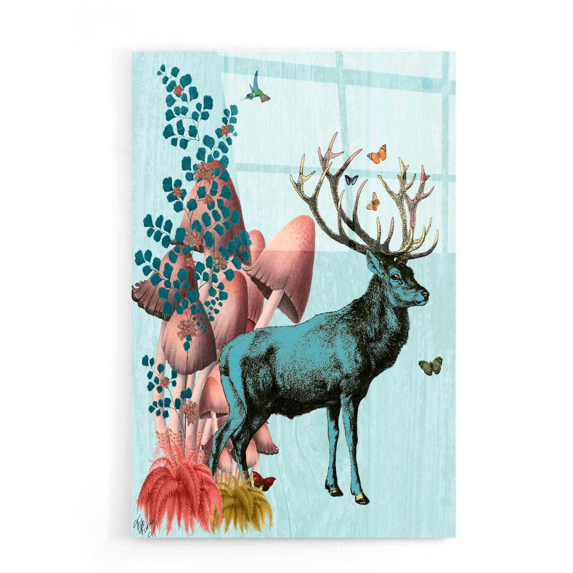 Epic Art 'Turquoise Deer in Mushroom Forest' by Fab Funky, Acrylic Glass Wall Art,16x24