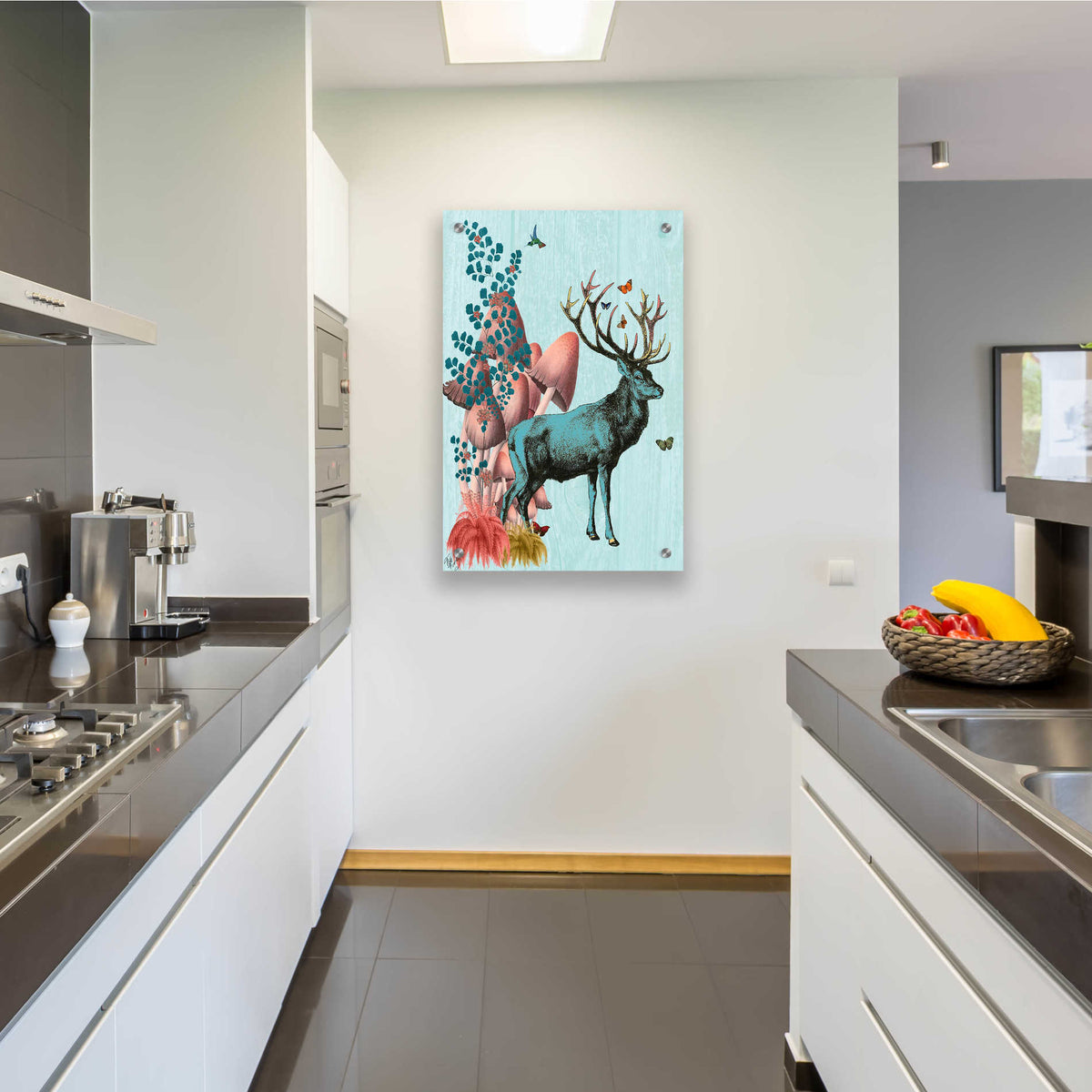 Epic Art 'Turquoise Deer in Mushroom Forest' by Fab Funky, Acrylic Glass Wall Art,24x36