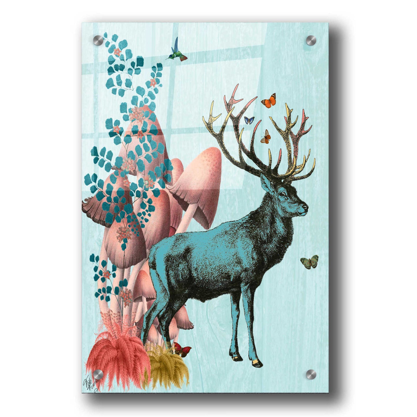 Epic Art 'Turquoise Deer in Mushroom Forest' by Fab Funky, Acrylic Glass Wall Art,24x36