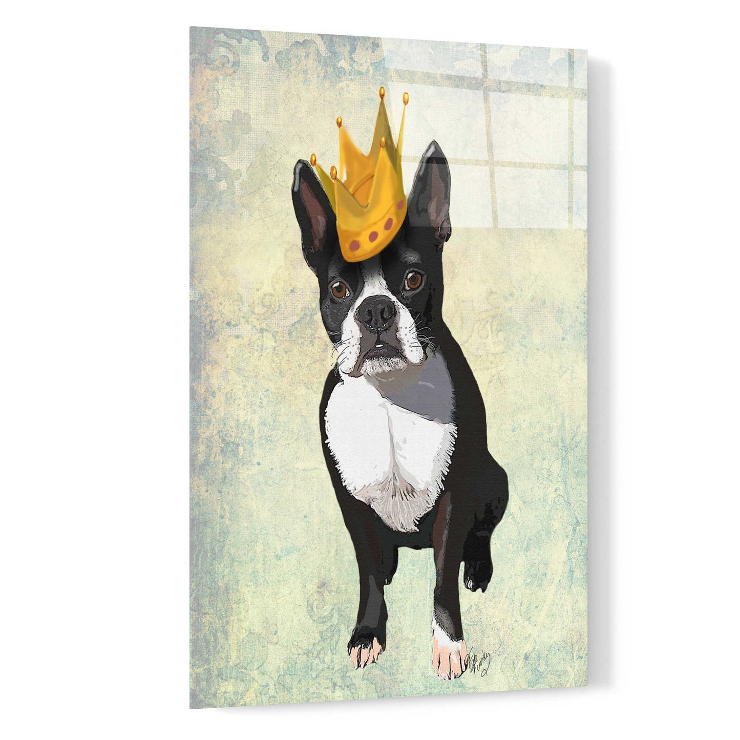 Epic Art 'Boston Terrier and Crown' by Fab Funky, Acrylic Glass Wall Art,16x24