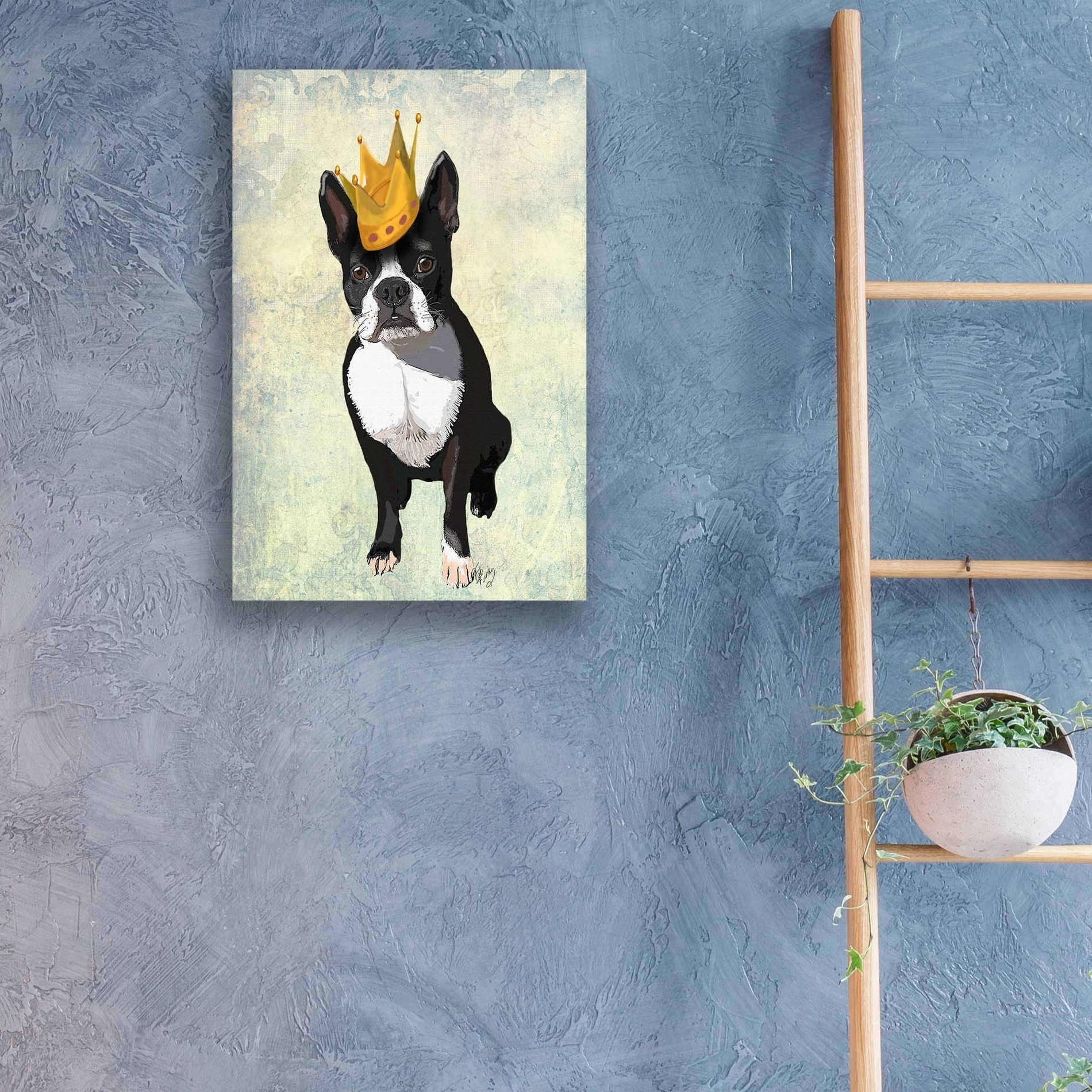 Epic Art 'Boston Terrier and Crown' by Fab Funky, Acrylic Glass Wall Art,16x24