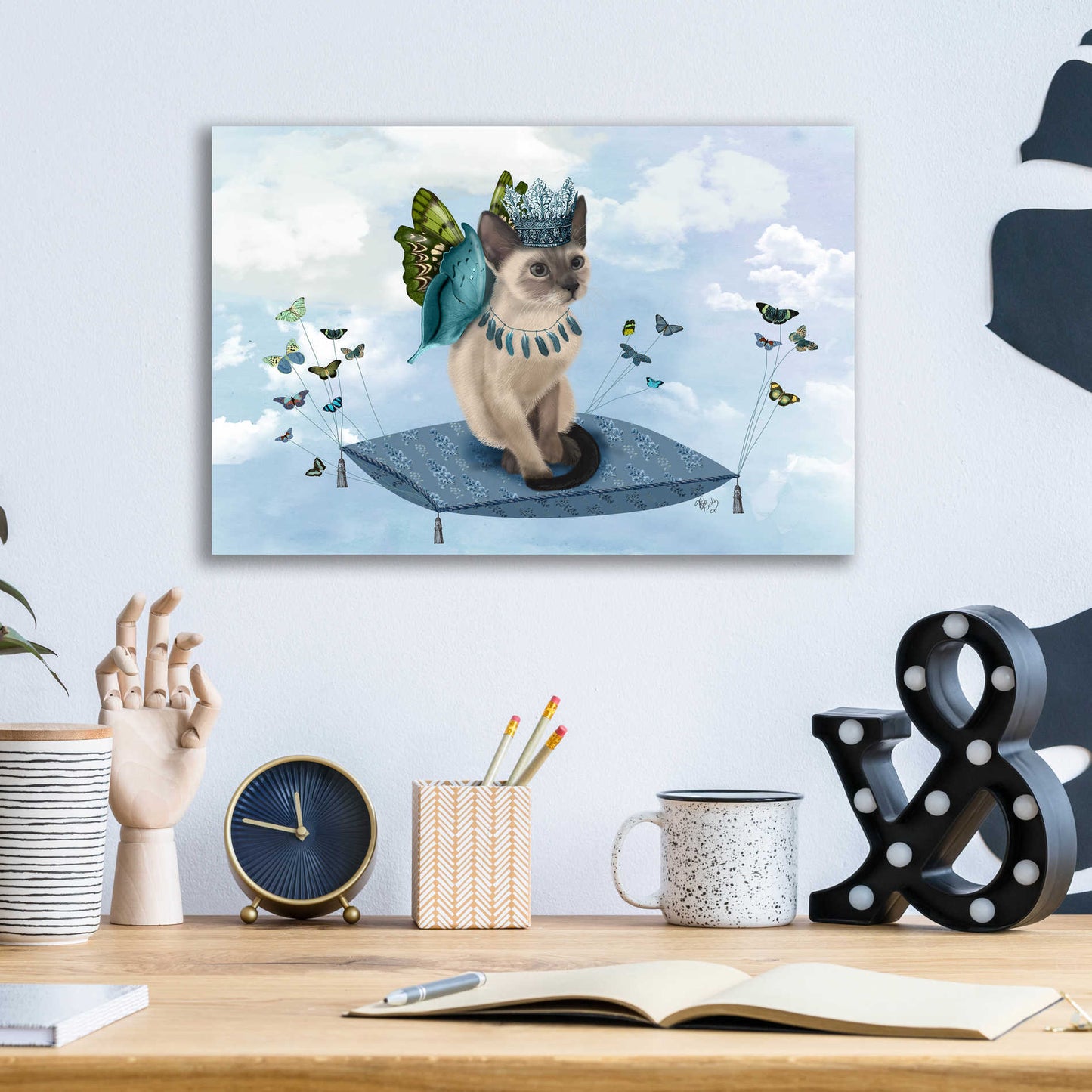 Epic Art 'Cat on Pillow with Butterflies' by Fab Funky, Acrylic Glass Wall Art,16x12