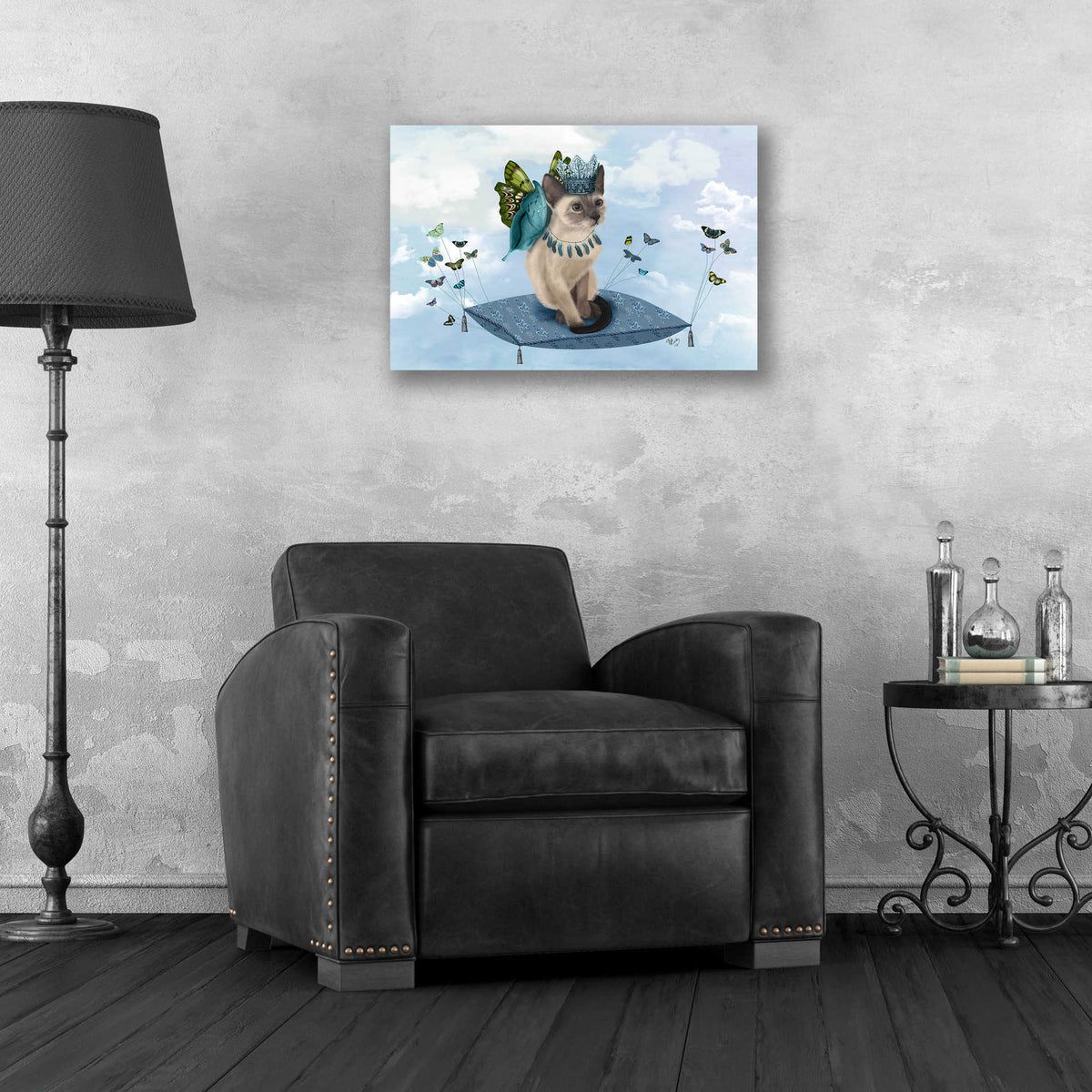 Epic Art 'Cat on Pillow with Butterflies' by Fab Funky, Acrylic Glass Wall Art,24x16