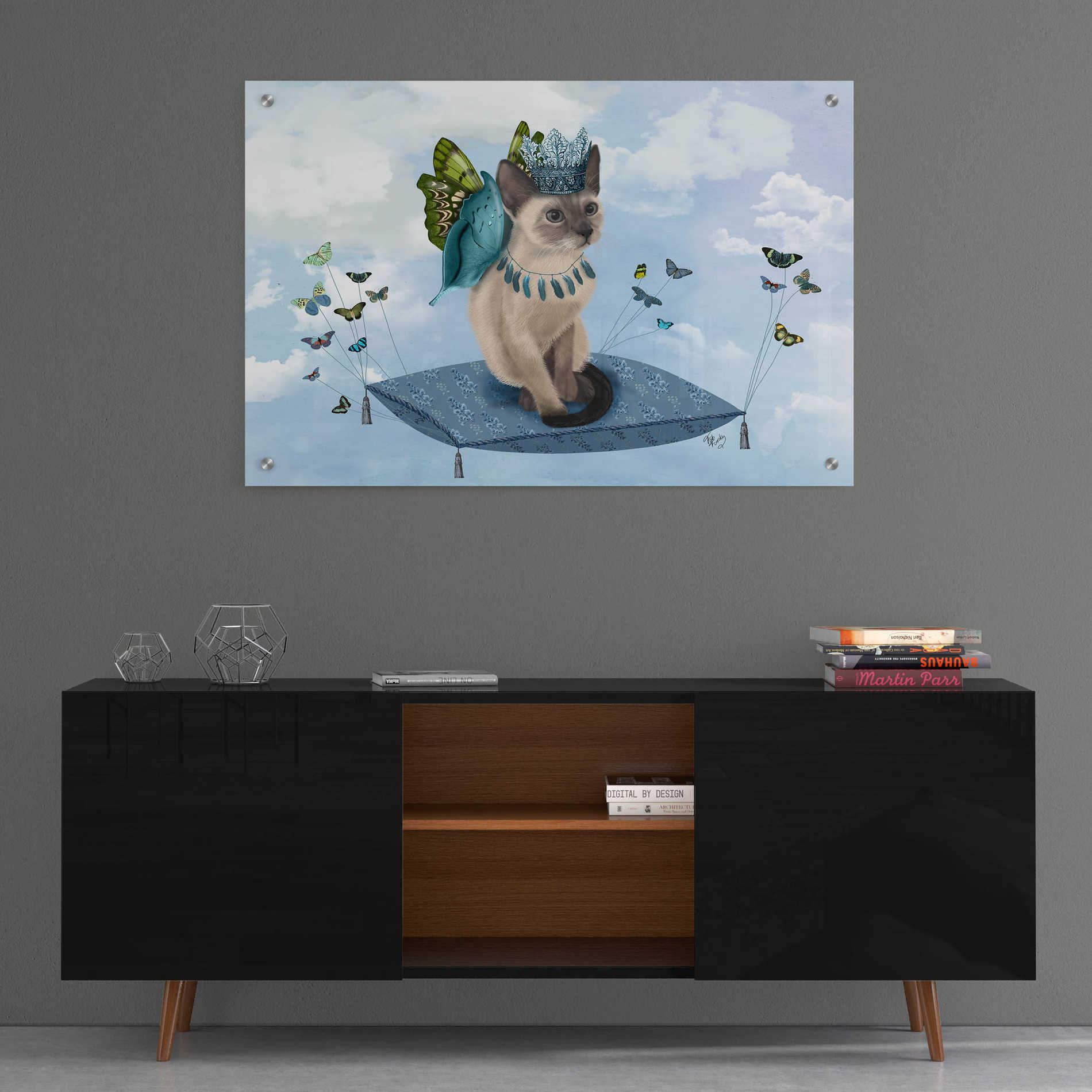 Epic Art 'Cat on Pillow with Butterflies' by Fab Funky, Acrylic Glass Wall Art,36x24