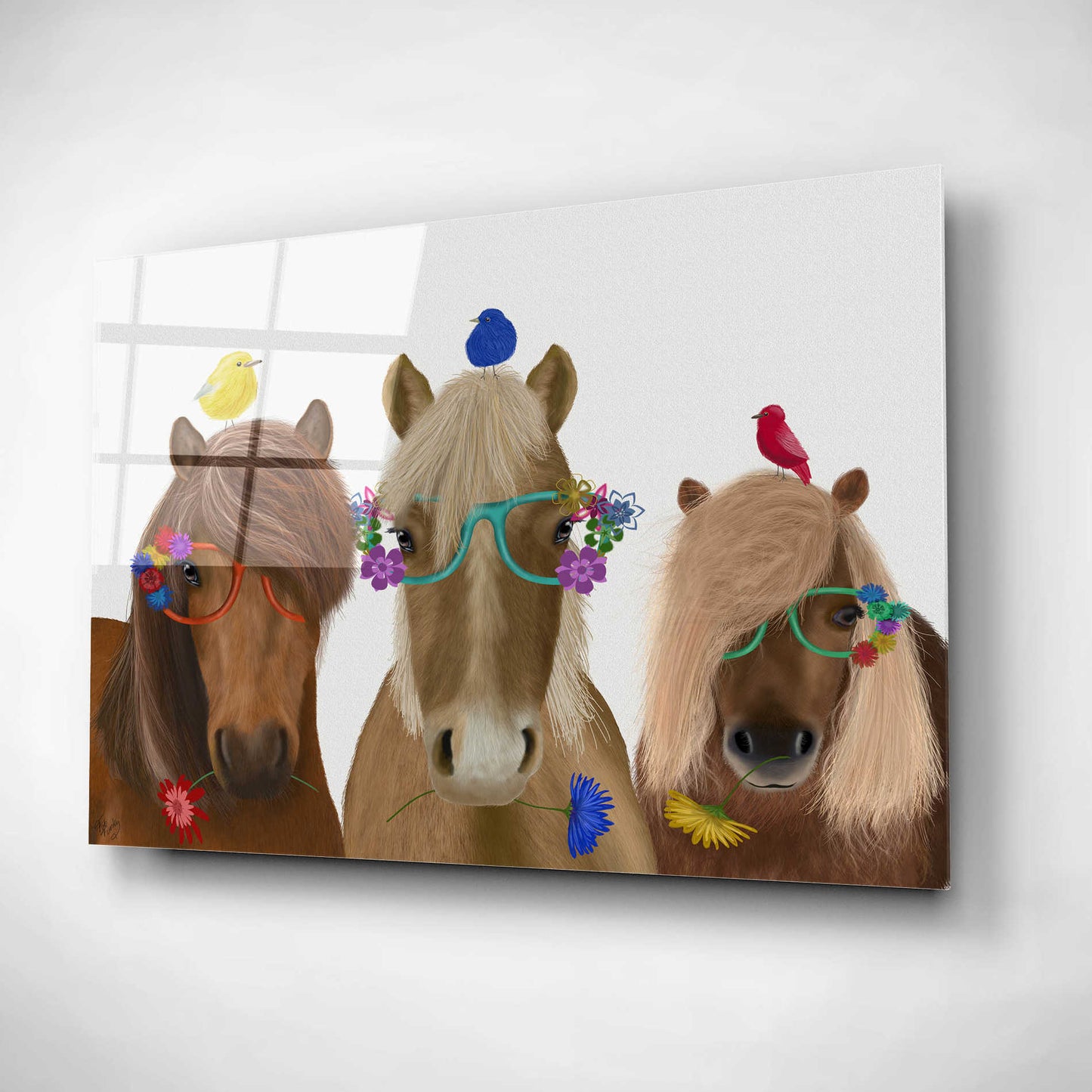 Epic Art 'Horse Trio with Flower Glasses' by Fab Funky, Acrylic Glass Wall Art,16x12