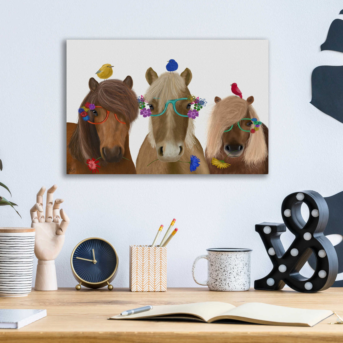 Epic Art 'Horse Trio with Flower Glasses' by Fab Funky, Acrylic Glass Wall Art,16x12