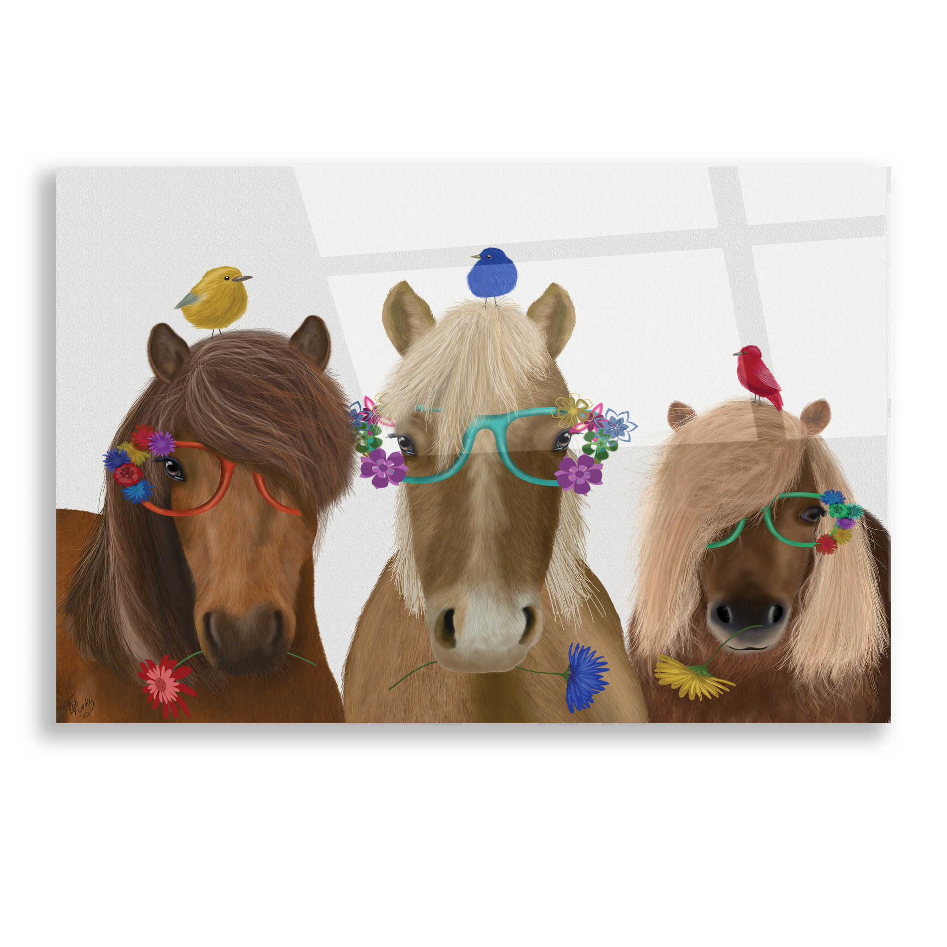 Epic Art 'Horse Trio with Flower Glasses' by Fab Funky, Acrylic Glass Wall Art,16x12