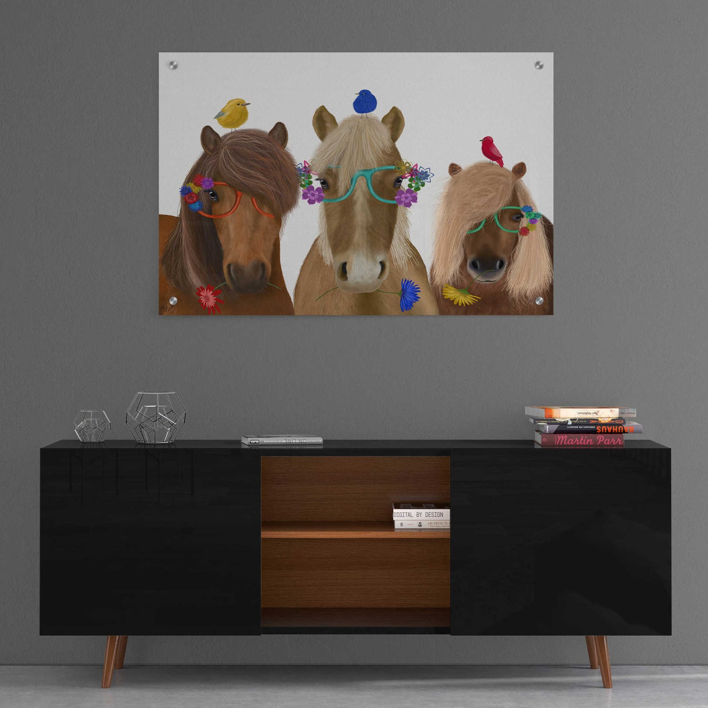 Epic Art 'Horse Trio with Flower Glasses' by Fab Funky, Acrylic Glass Wall Art,36x24