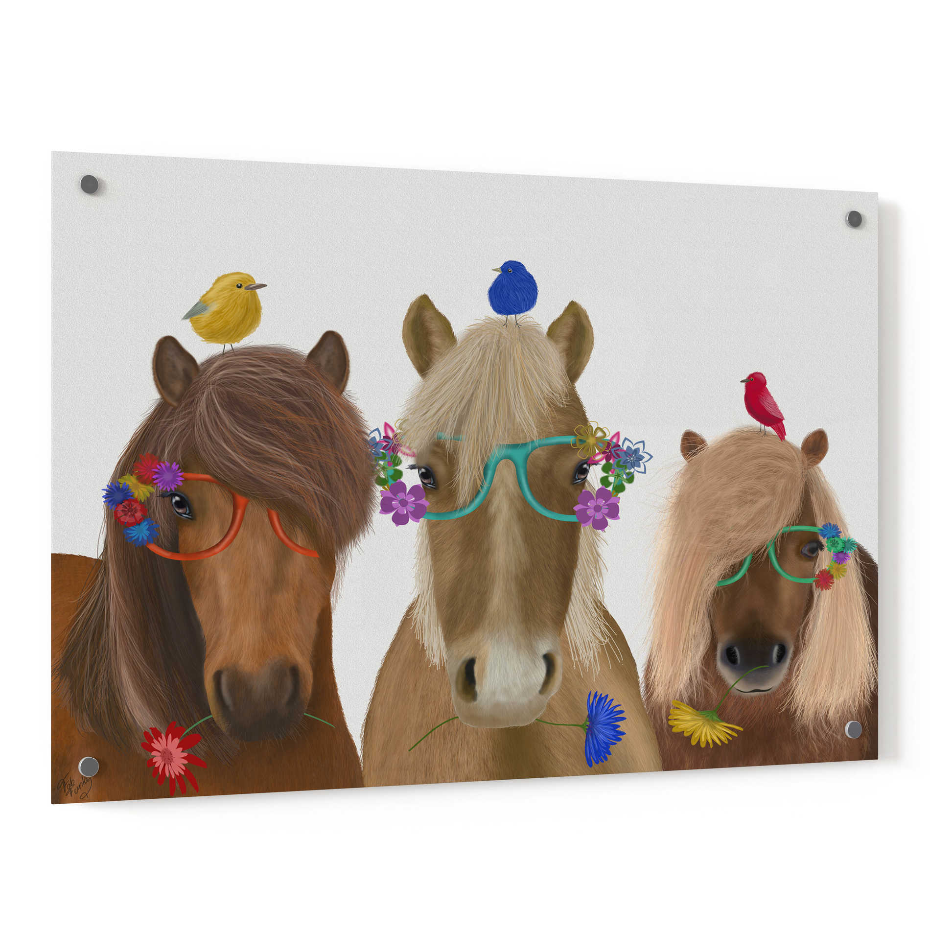 Epic Art 'Horse Trio with Flower Glasses' by Fab Funky, Acrylic Glass Wall Art,36x24