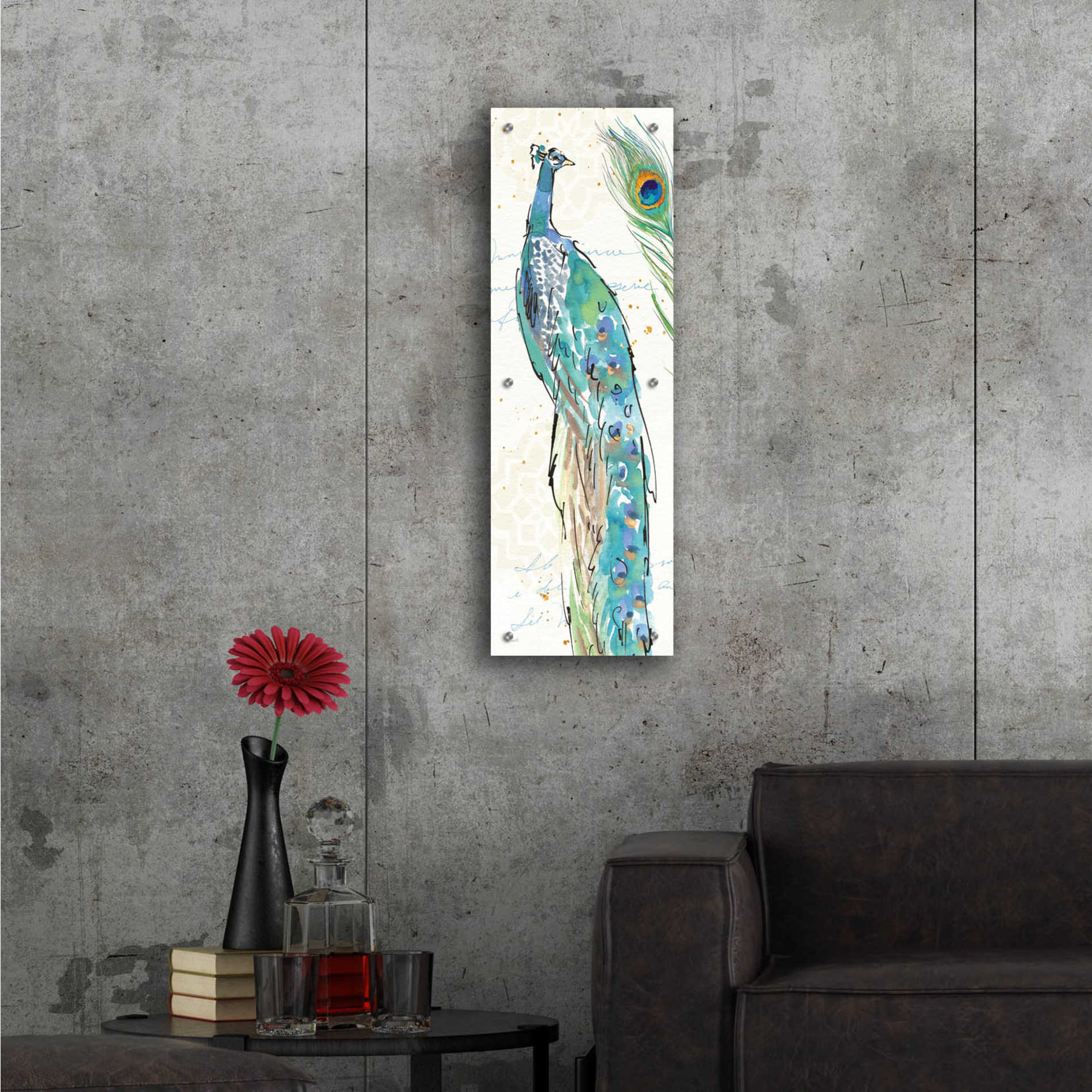 Epic Art 'Peacock Garden IV' by Ann Tavoletti, Acrylic Glass Wall Art,12x36
